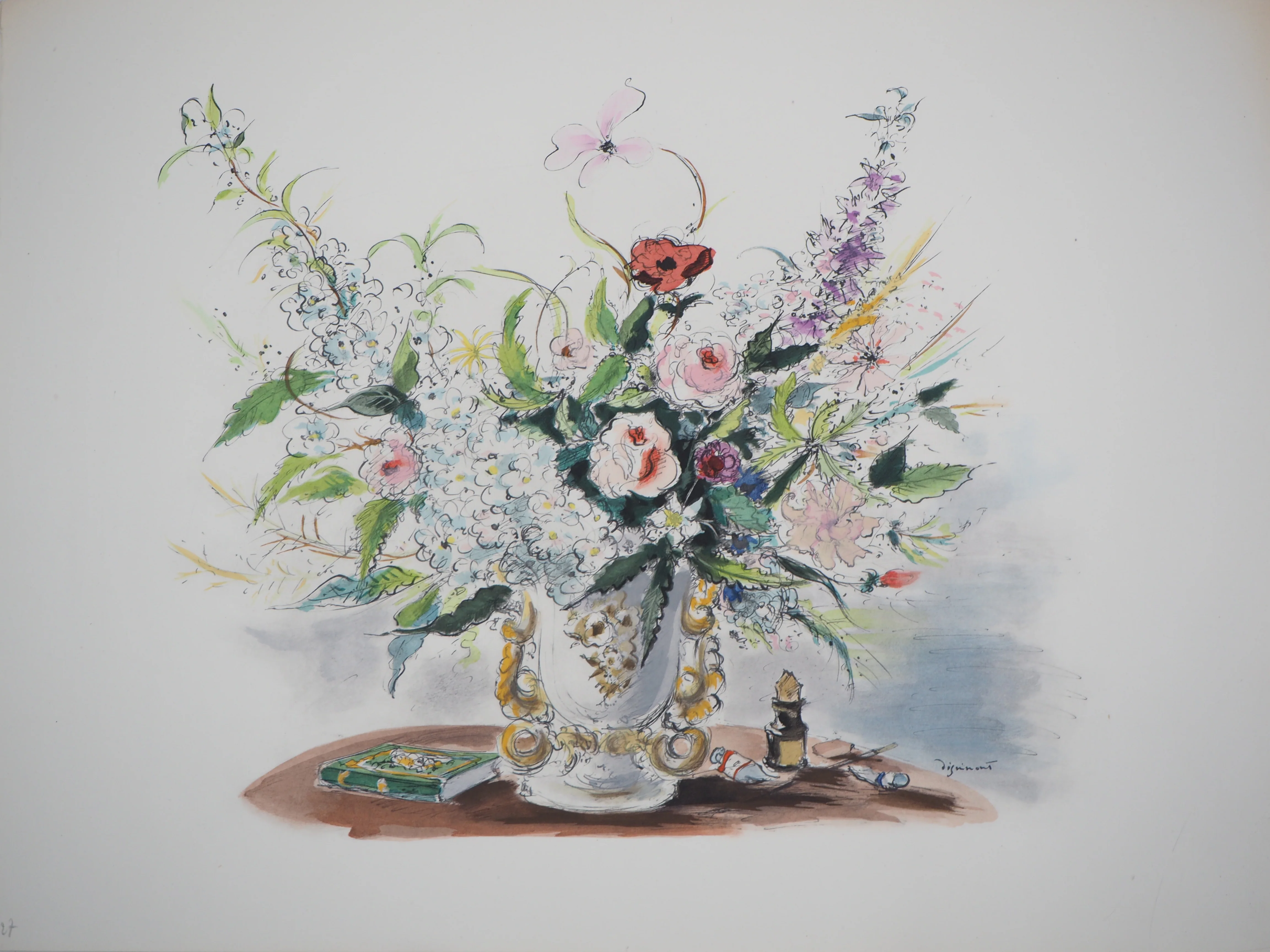 André DIGNIMONT : Bouquet romantique, Lithographie originale signée