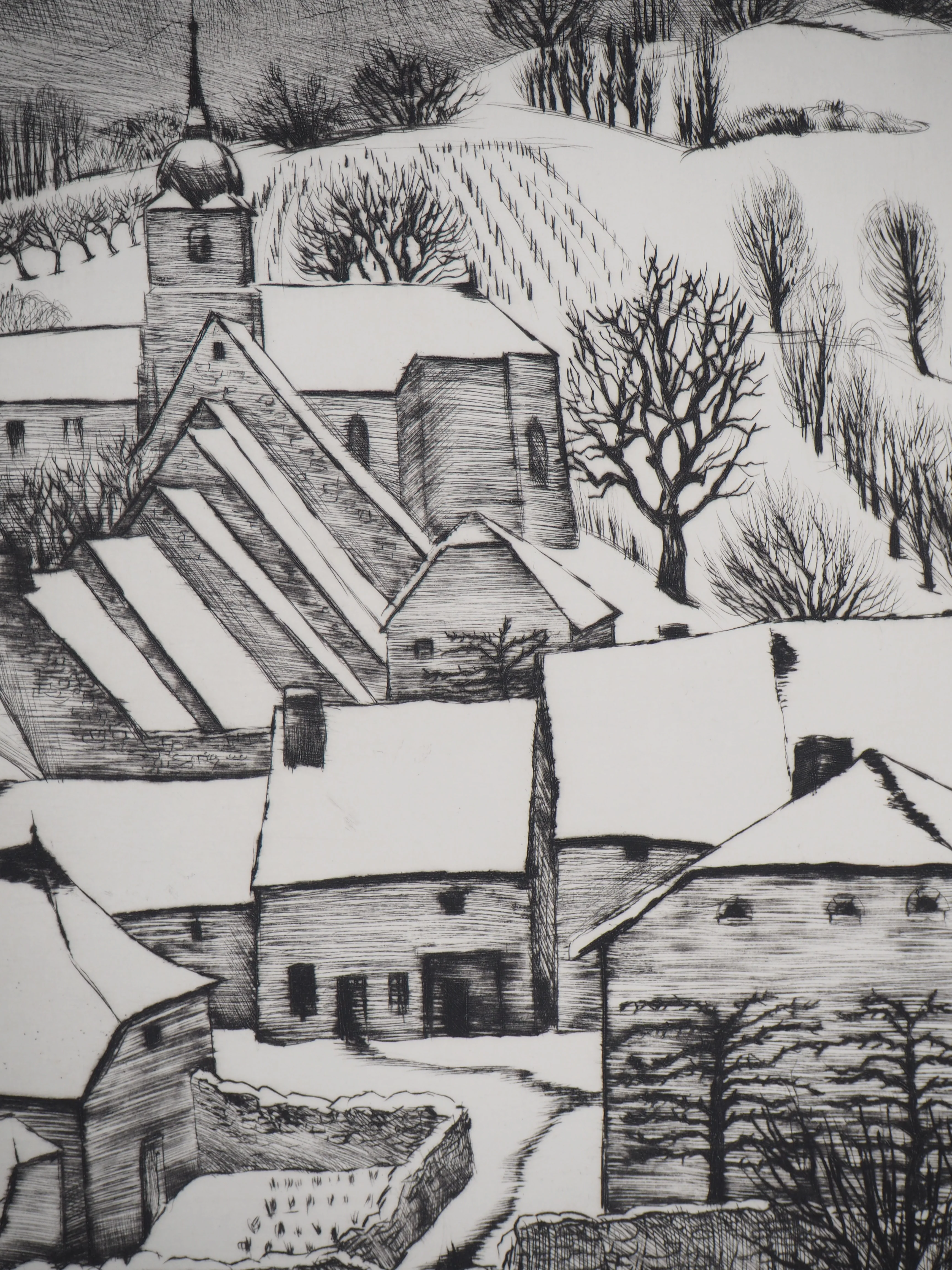 André JACQUEMIN : Village Suisse sous la neige d’hiver, Gravure originale signée - Image 4