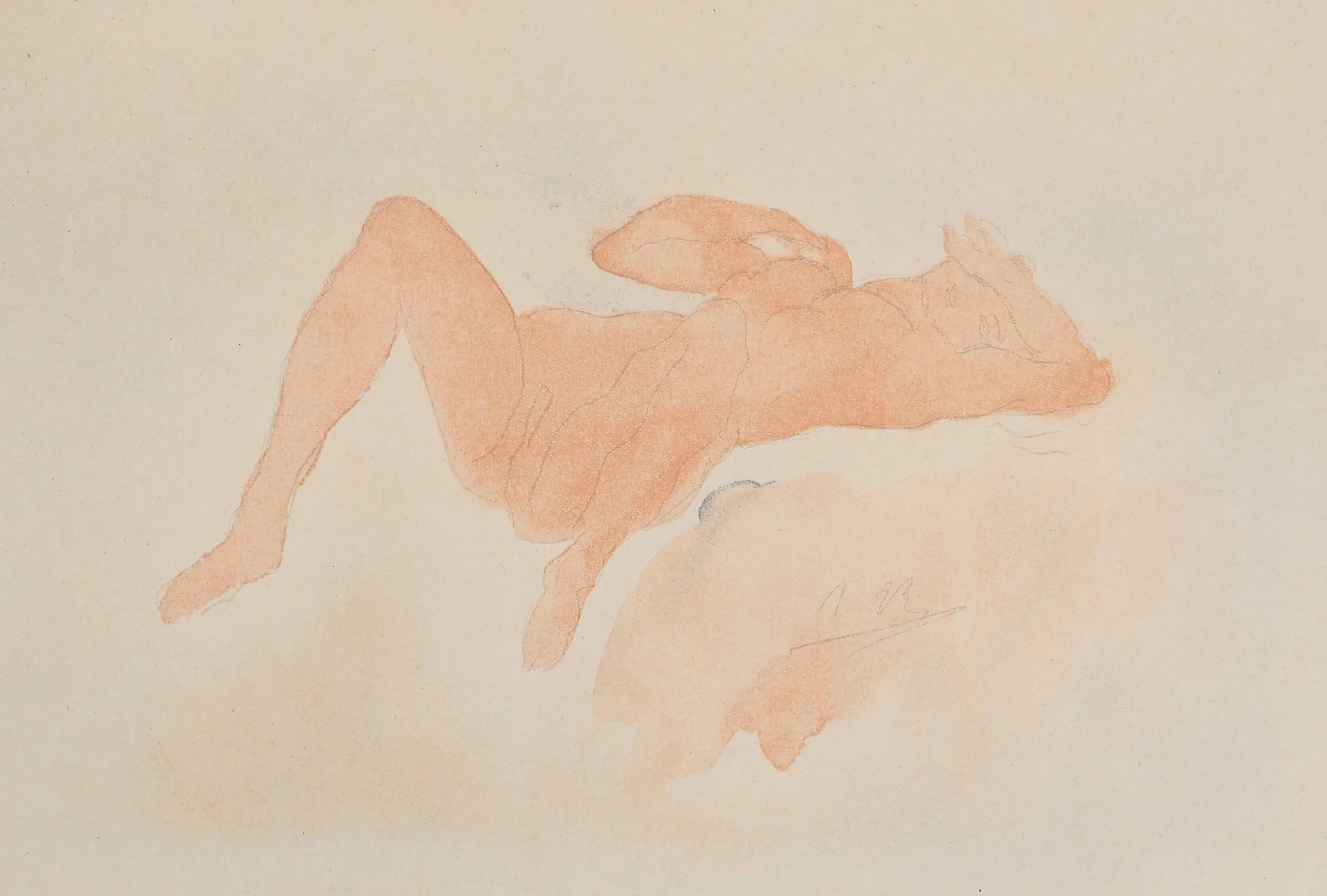 Auguste RODIN : Nu allongé, Lithographie et pochoir signé