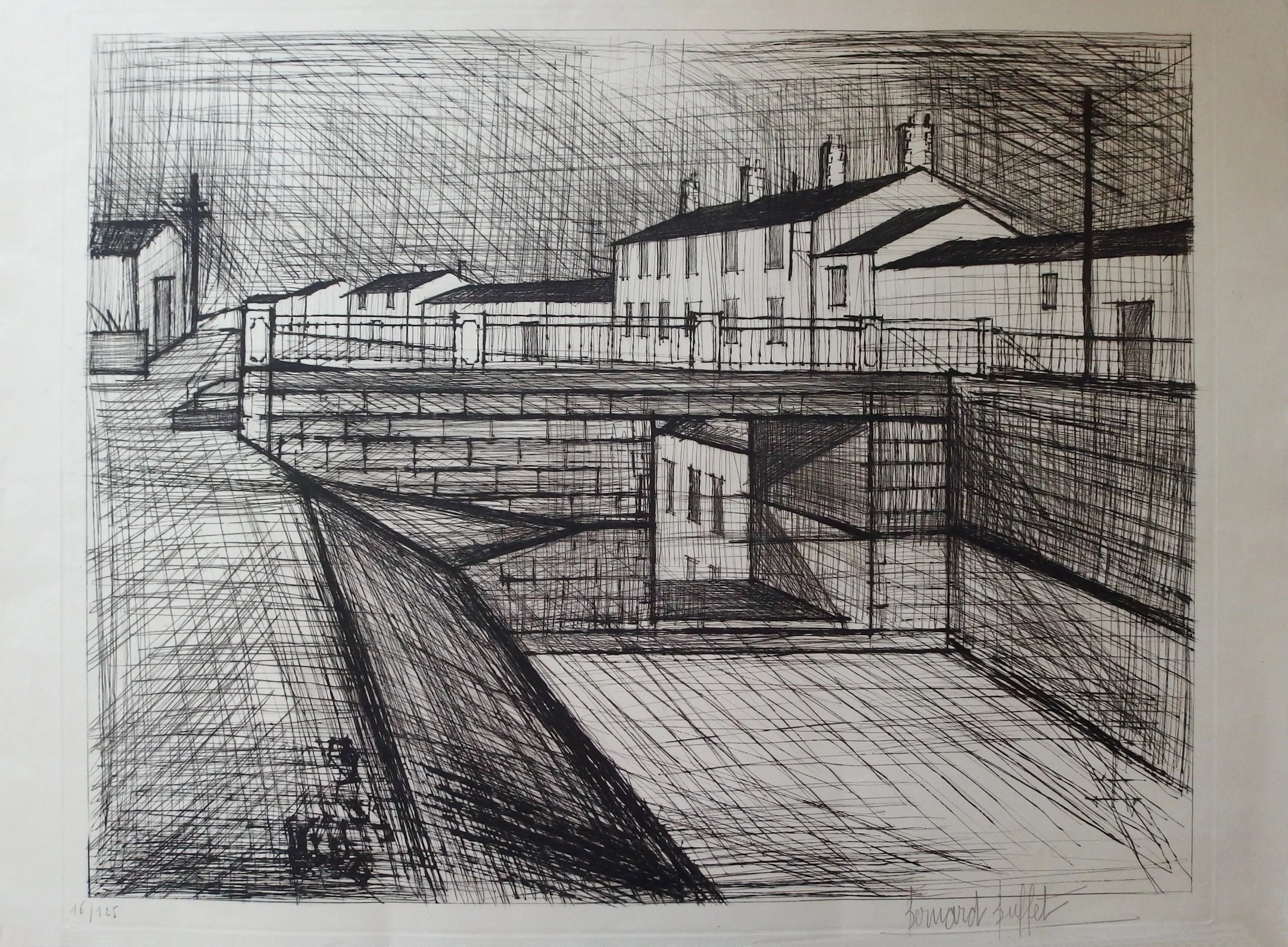 Bernard BUFFET : L'écluse sur le canal, Gravure originale signée