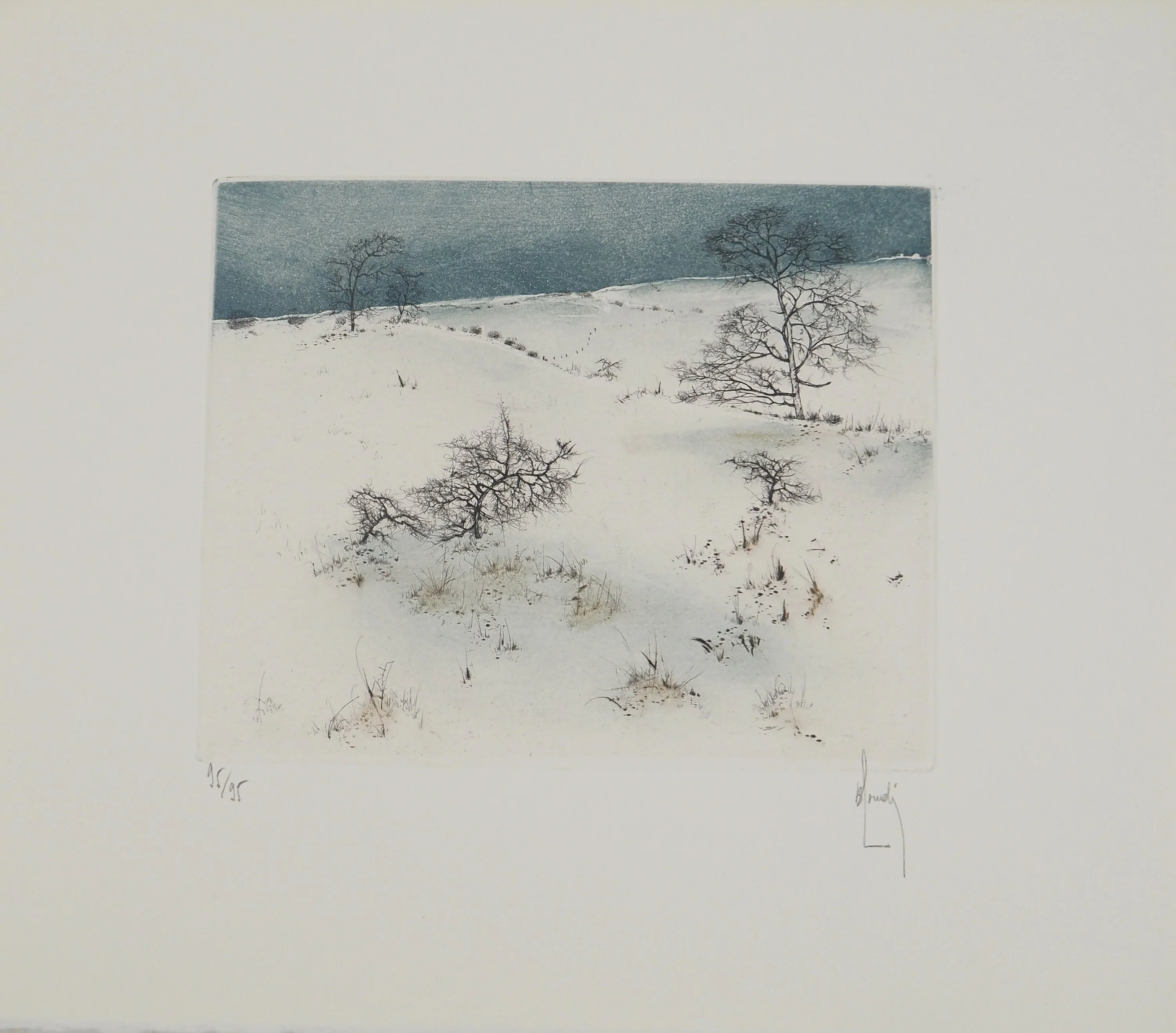 Bernard LOUEDIN : Paysage hivernal, Gravure signée