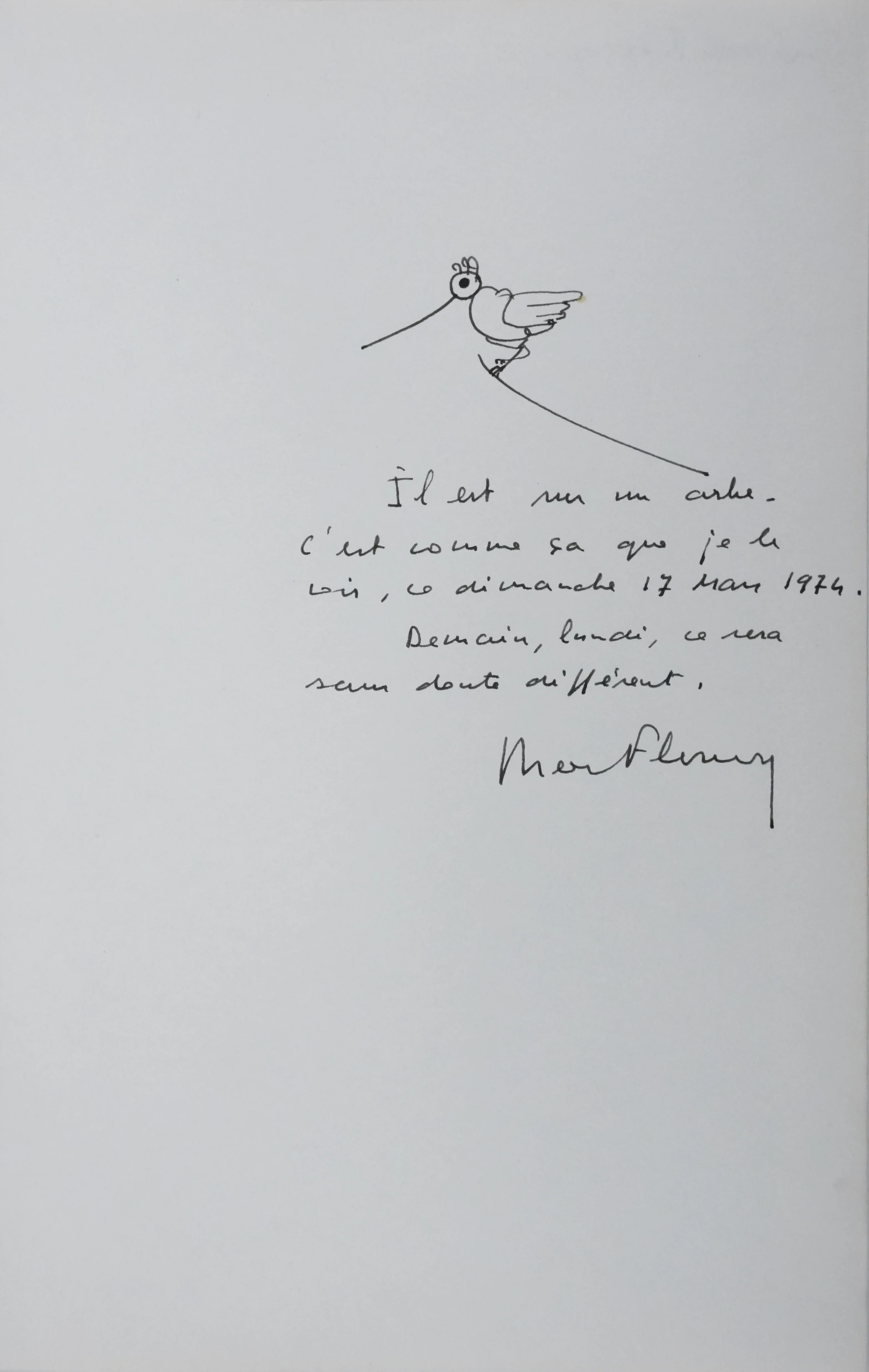 Bertrand FLORNY : L'oiseau sur la branche, Autographe et dessin original signé - Image 2