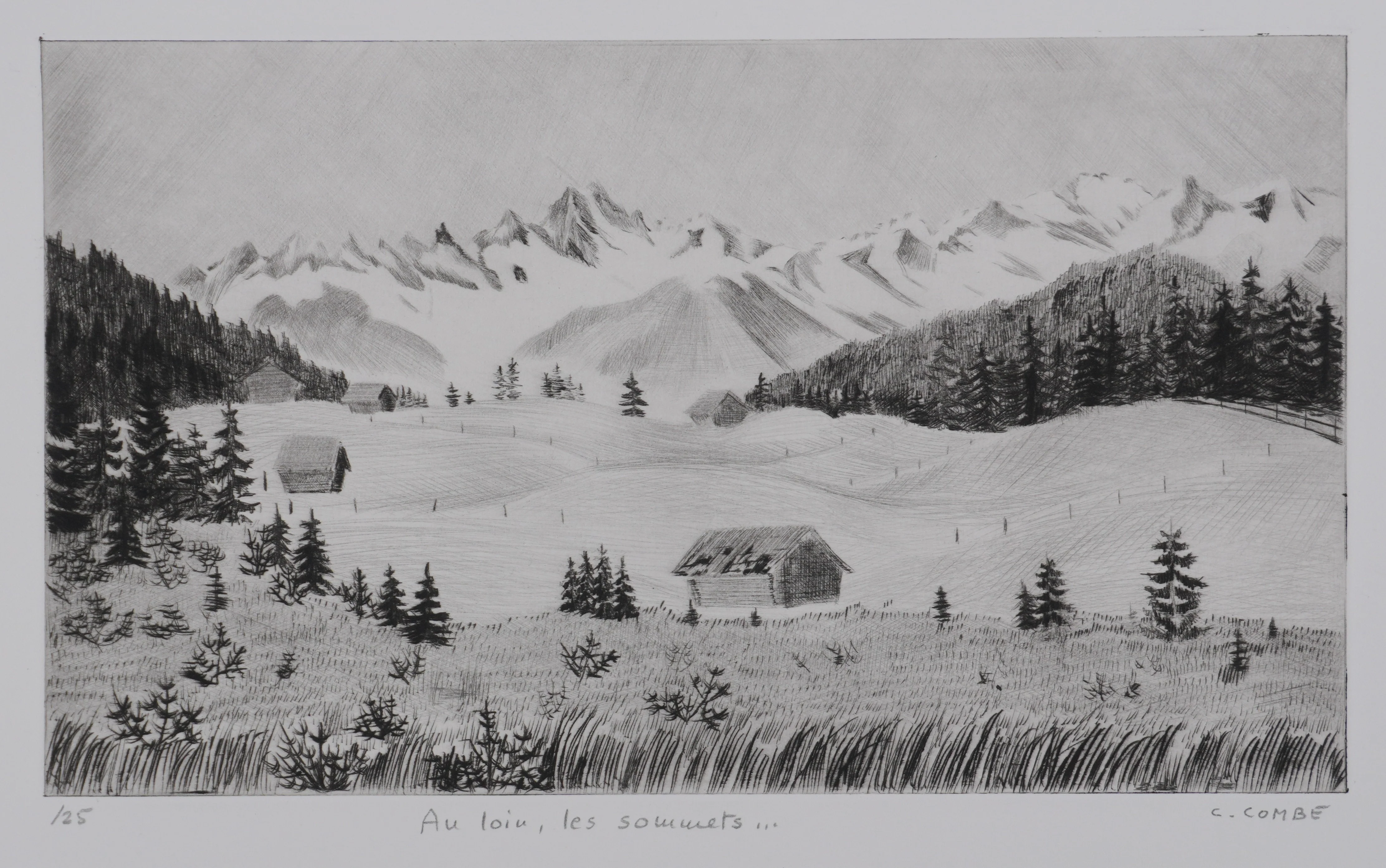 Camille COMBE : Au loin, les sommets, Gravure originale signée