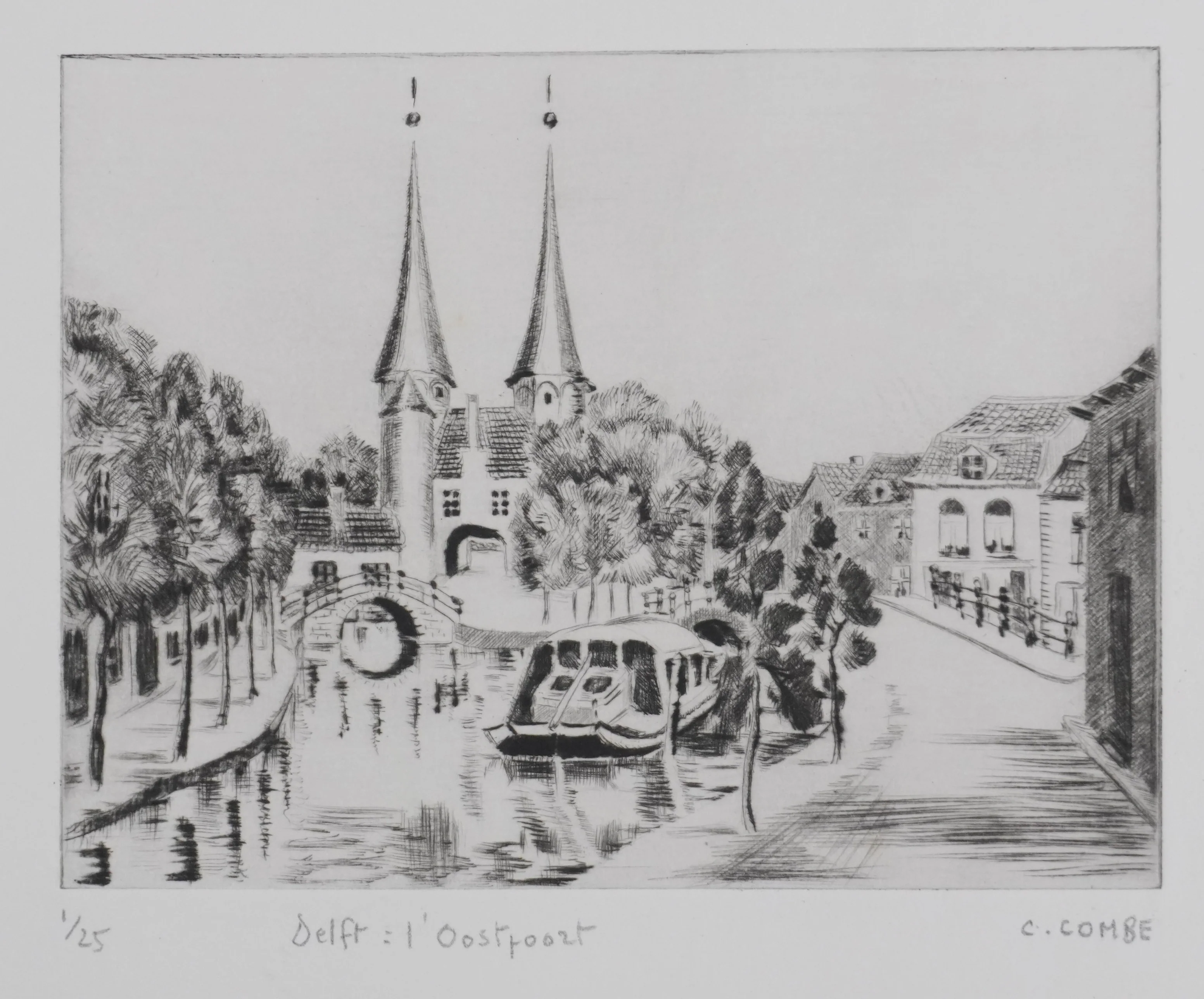 Camille COMBE : Delft, l'Oostpoort, Gravure originale signée