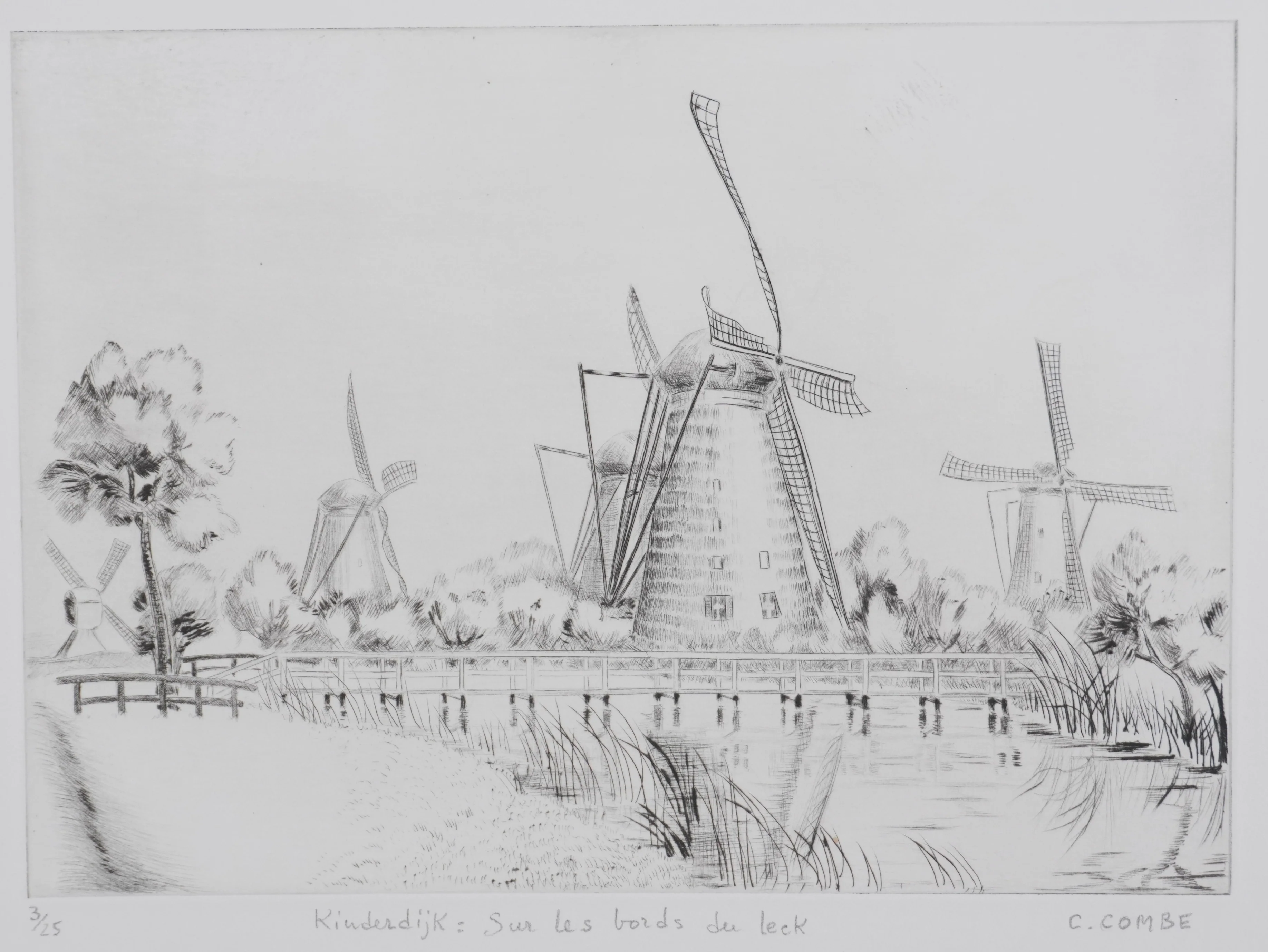 Camille COMBE : Kinderdijk, sur les bords du Leek, Gravure originale signée