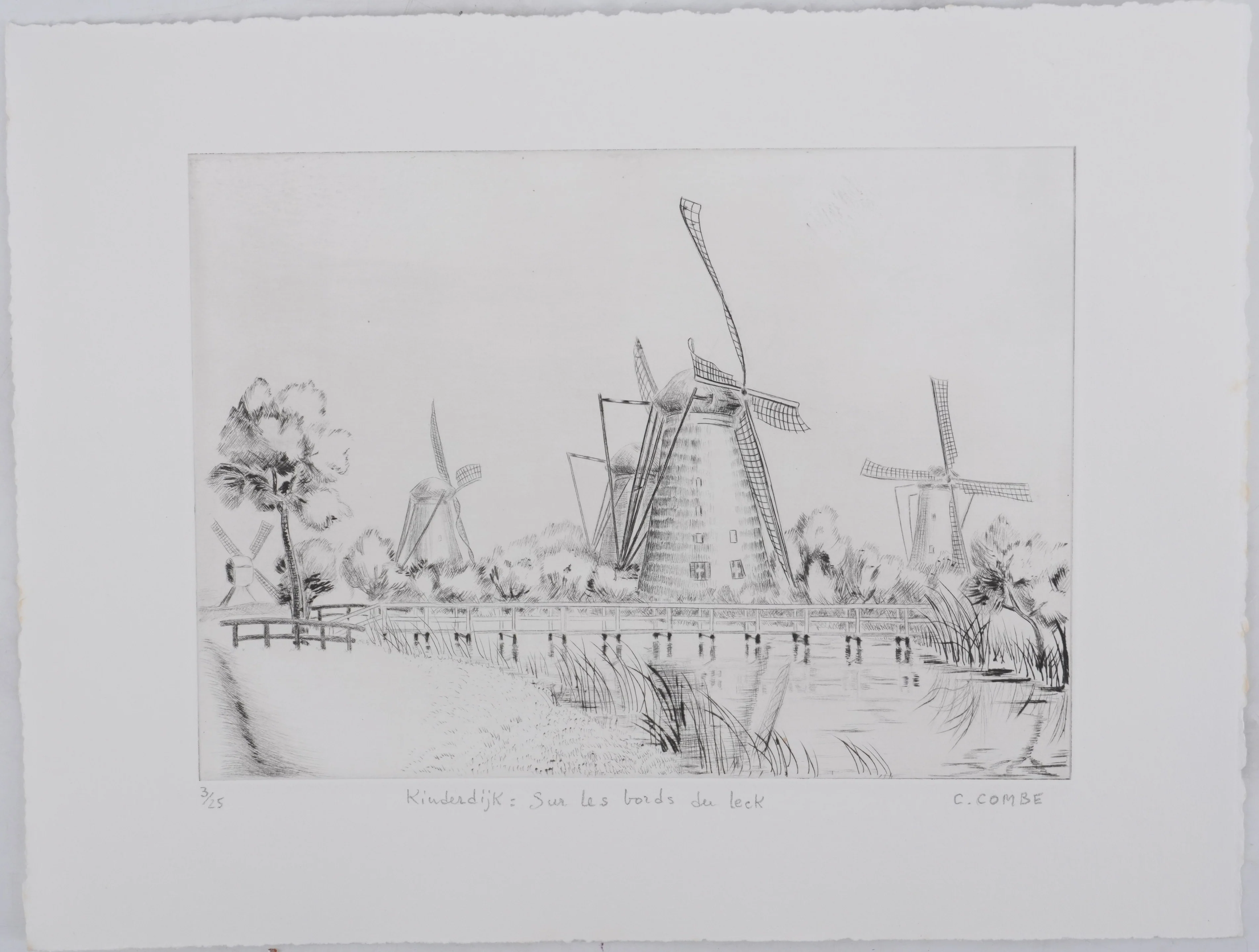 Camille COMBE : Kinderdijk, sur les bords du Leek, Gravure originale signée - Image 3