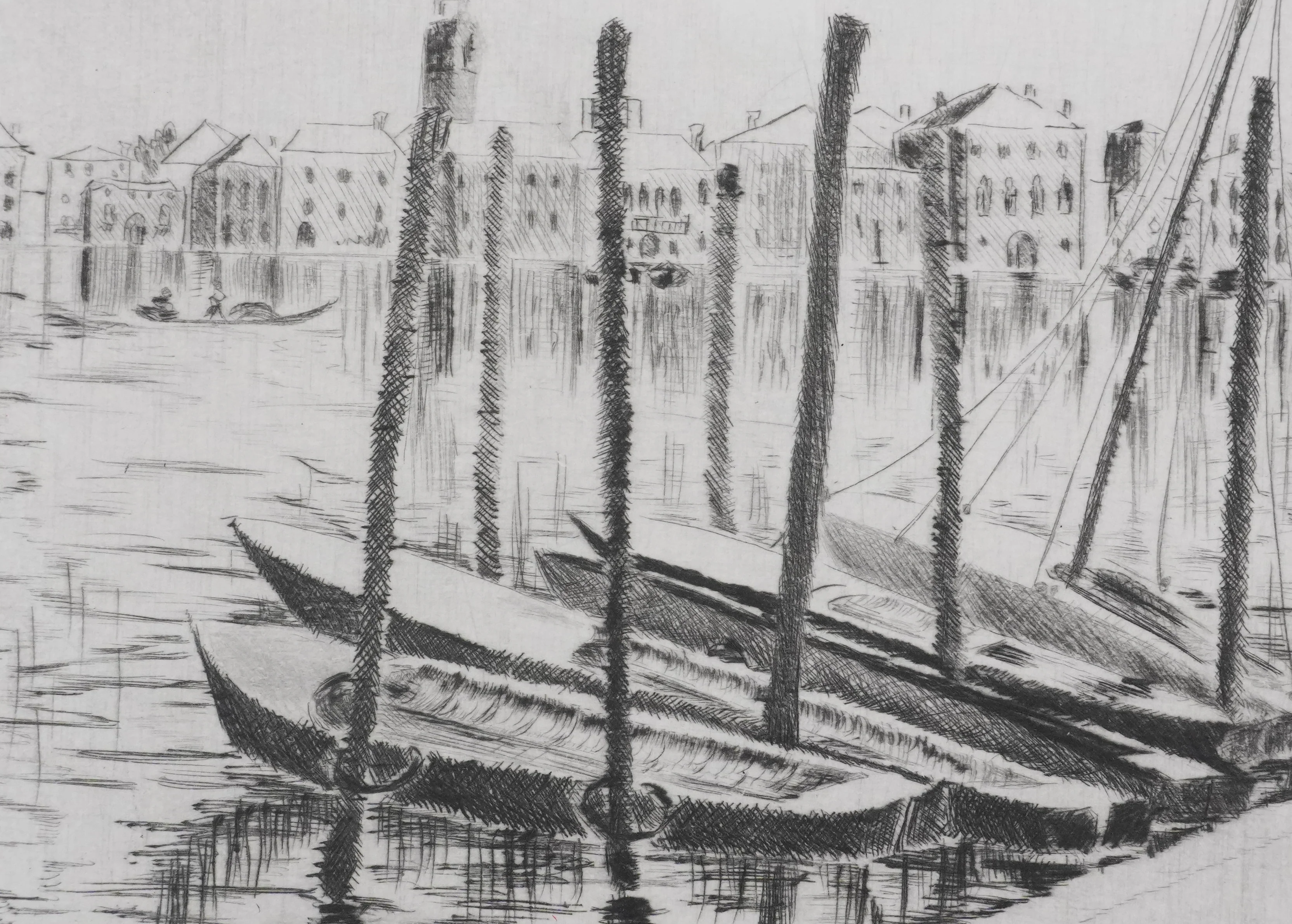 Camille COMBE : Les bateaux de pêche à Grado, Gravure originale signée - Image 4