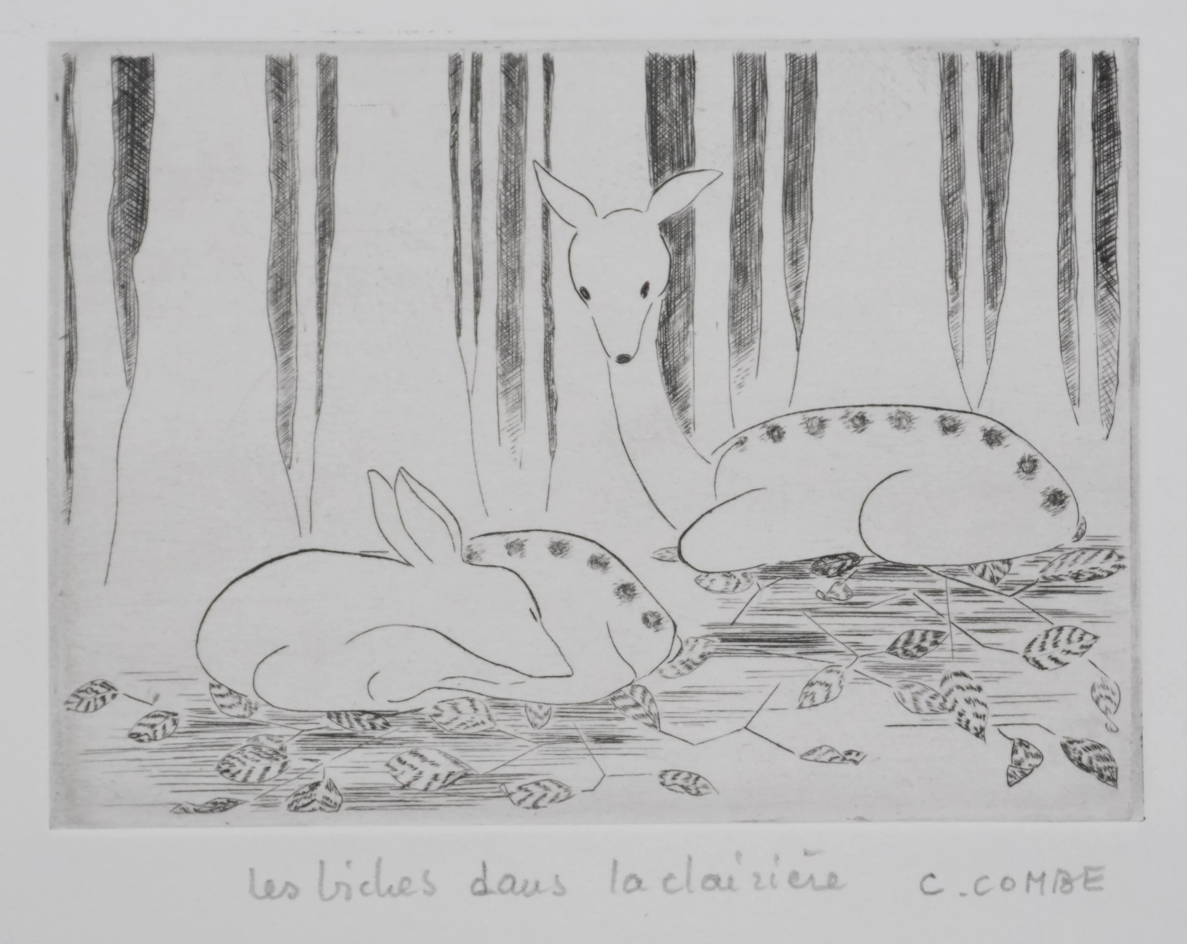 Camille COMBE : Les biches dans la clairière, Gravure originale signée