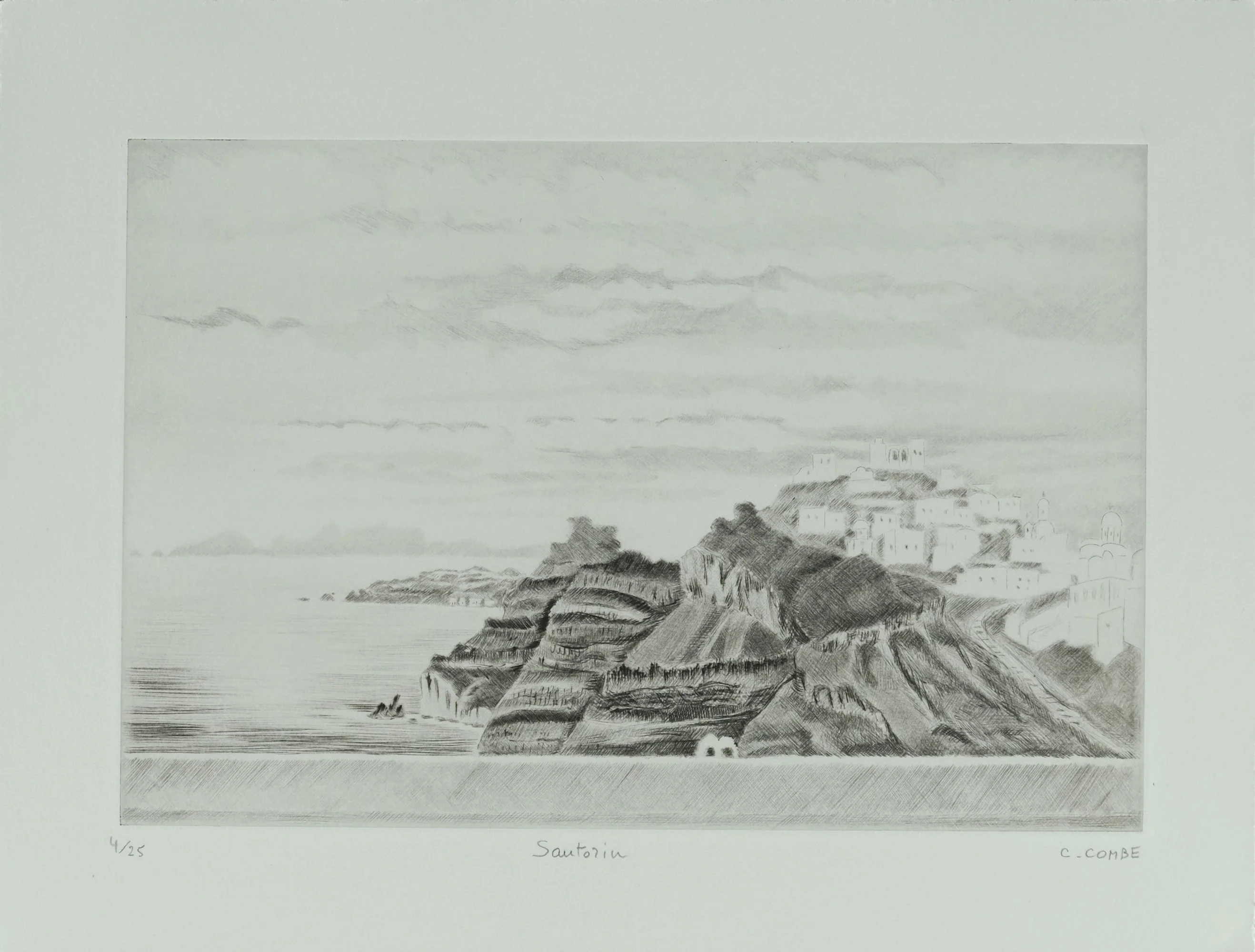 Camille COMBE : Santorin sous les nuages, Gravure originale signée