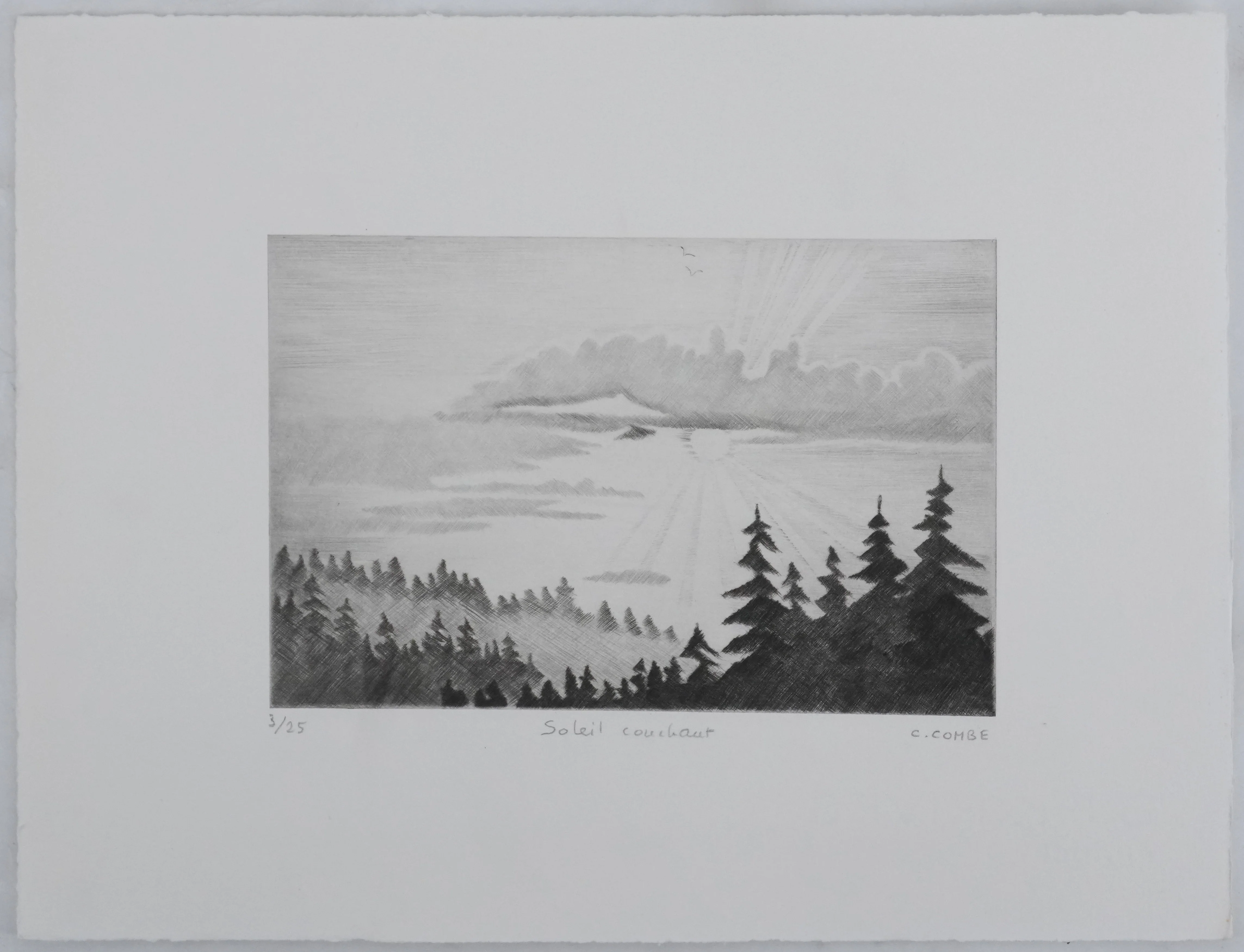 Camille COMBE : Soleil couchant, Gravure originale signée