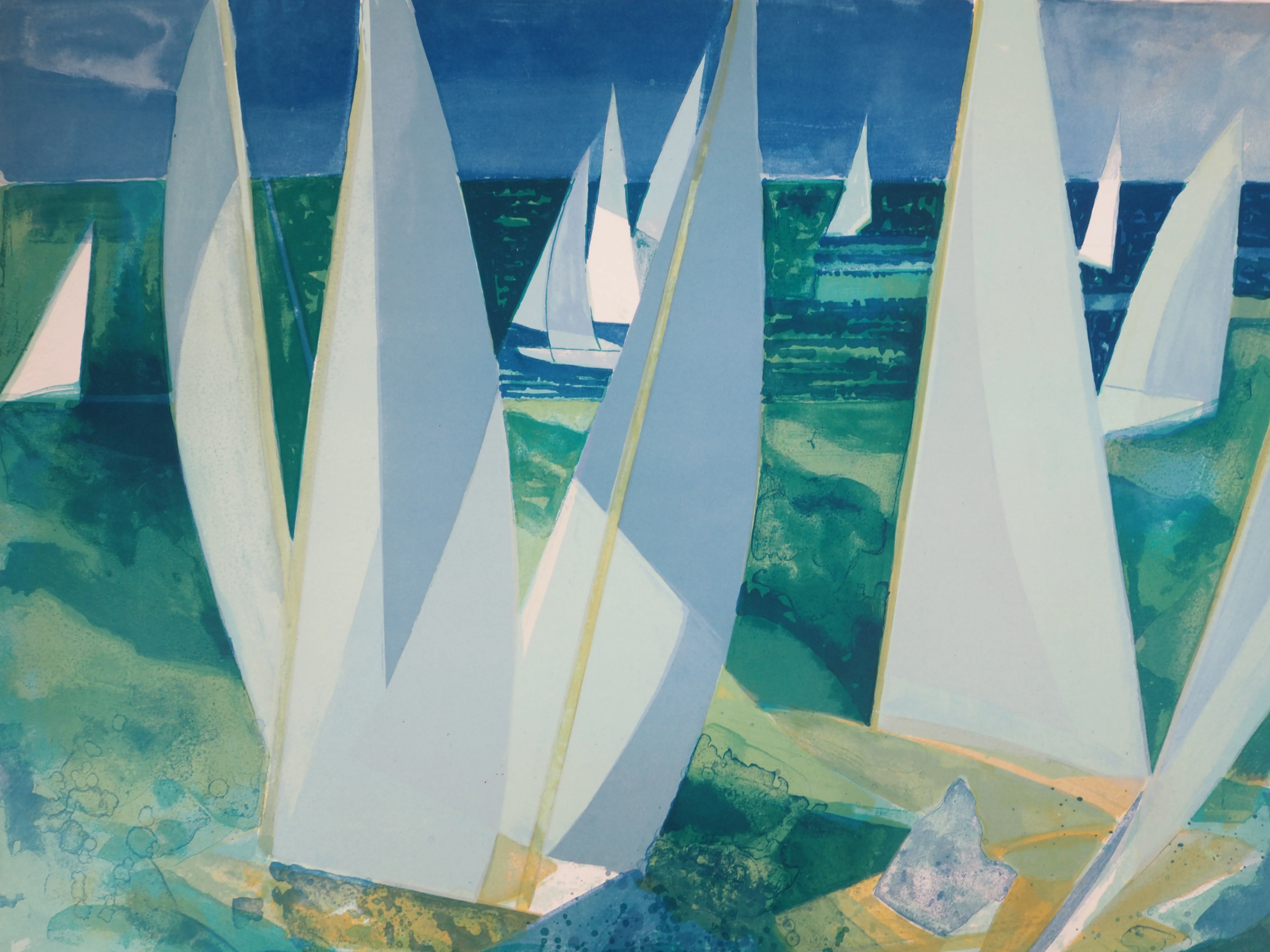 Camille HILAIRE : Normandie, Voiliers de plaisance, Lithographie originale signée
