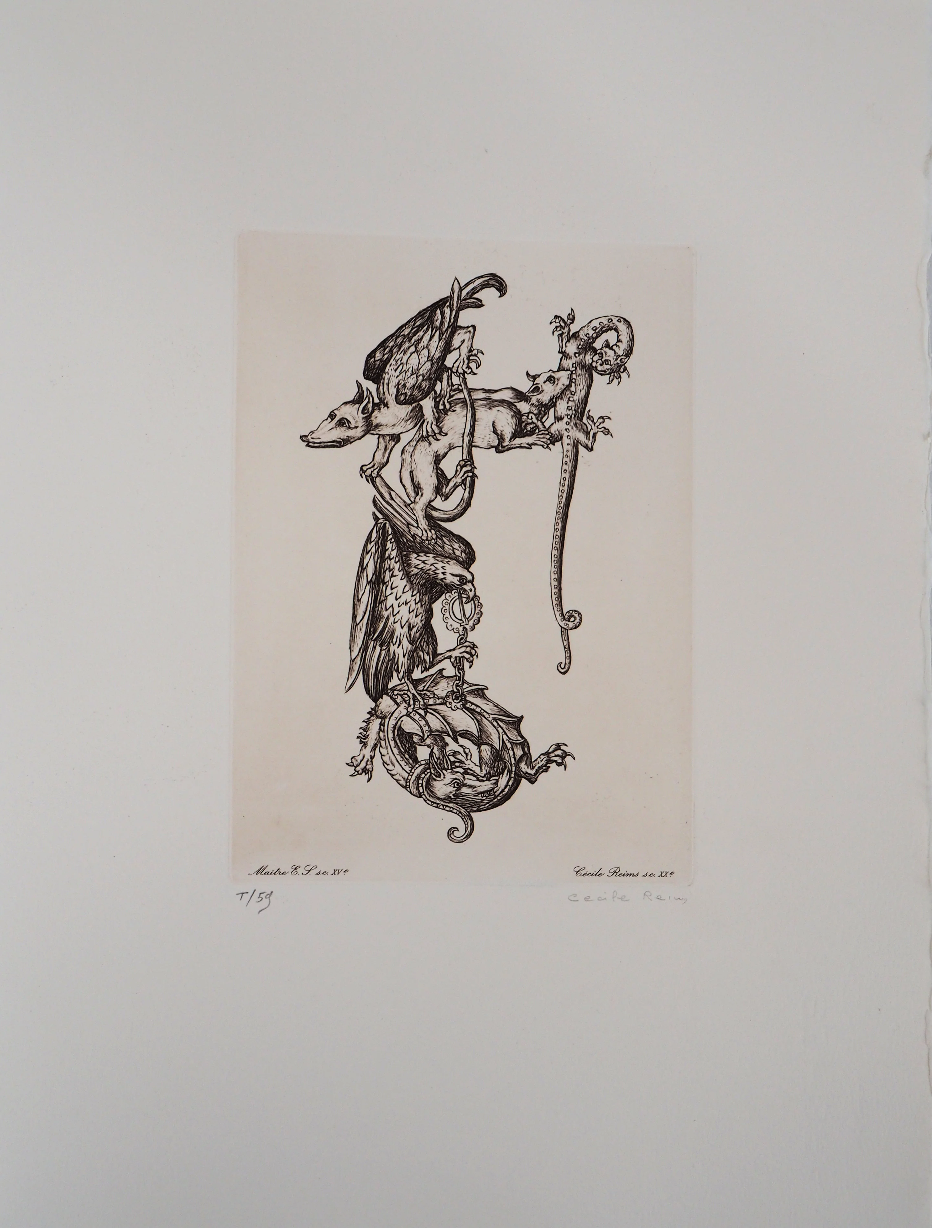 Cécile REIMS : Chaîne animale, T, Gravure originale signée