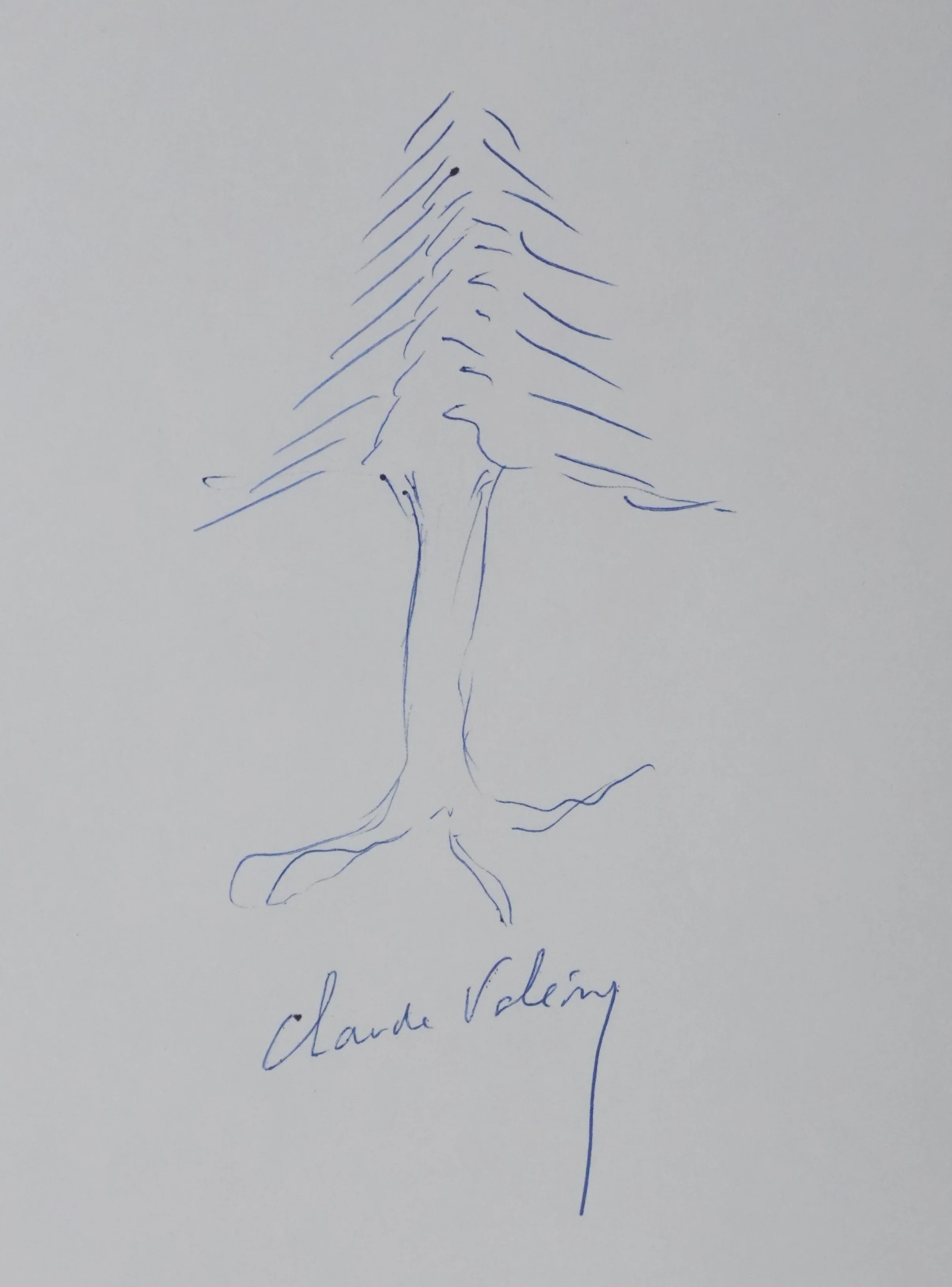 Claude VALERY : L'arbre en bleu, Autographe et dessin original signé