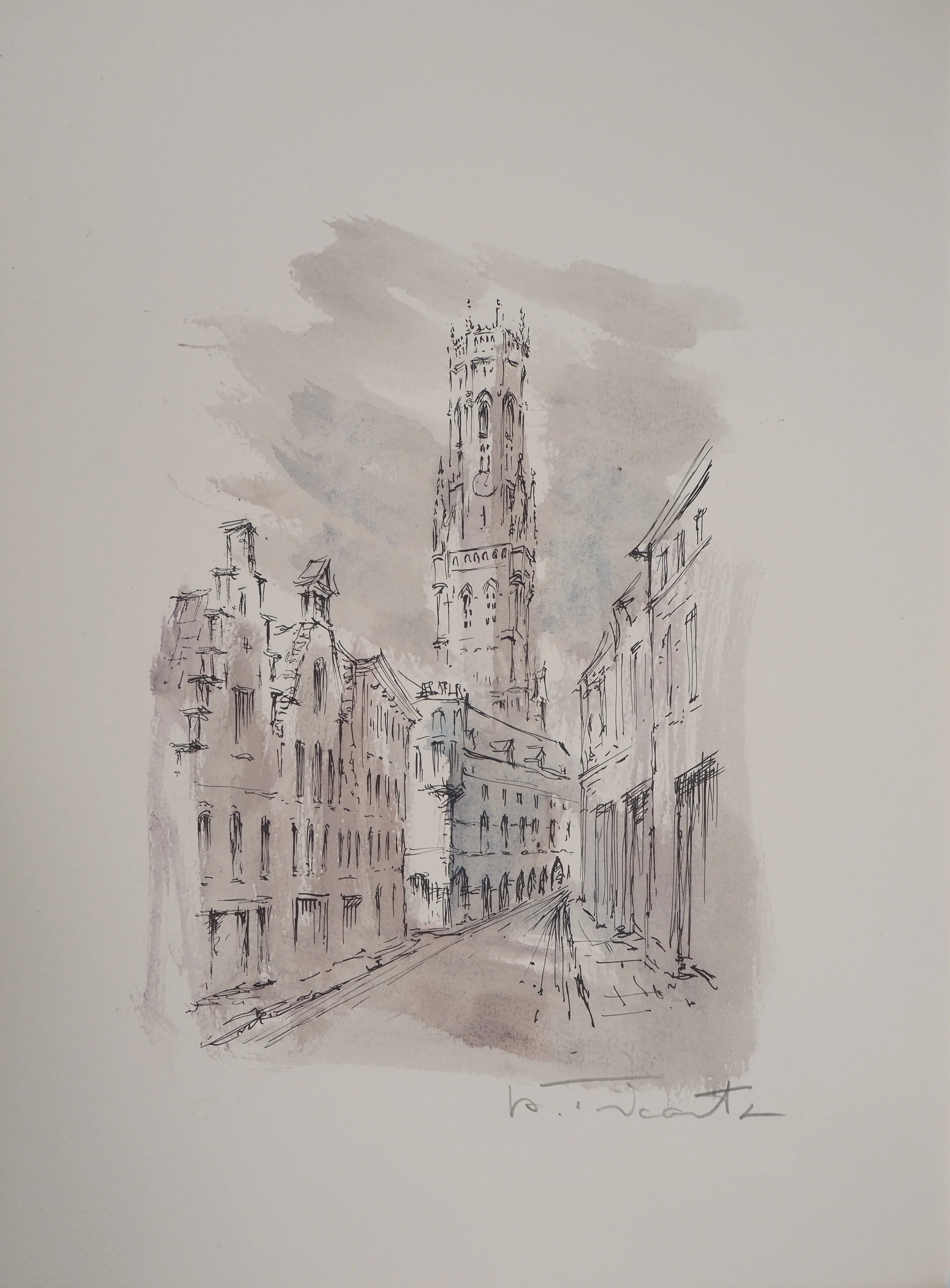 Daniel TRICART : Bruges, La Cathédrale Saint Sauveur, Lithographie originale signée