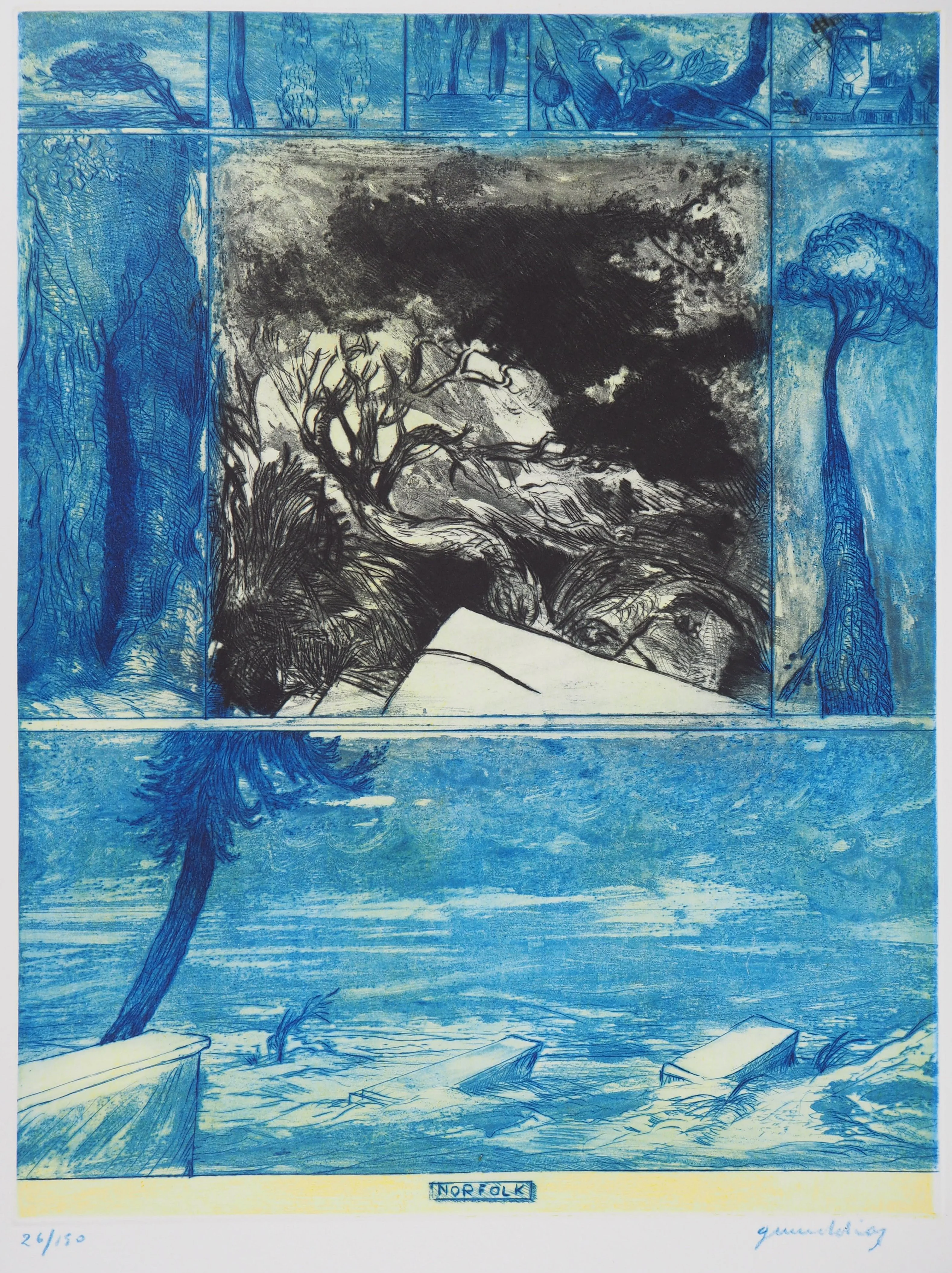 Gérard DIAZ : Paysage bleu, Gravure originale signée