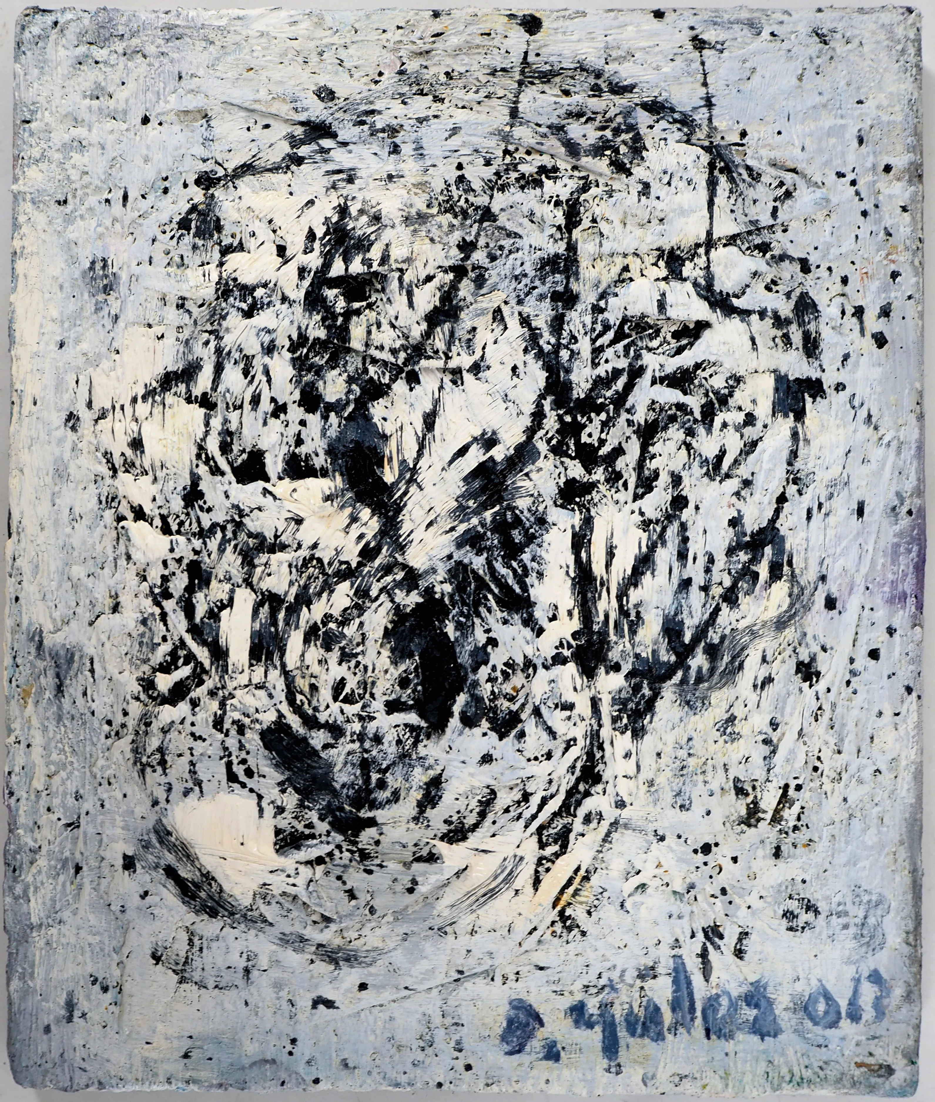 Dyap GULER : Portrait masculin abstrait en bleu et noir, Technique mixte originale signée