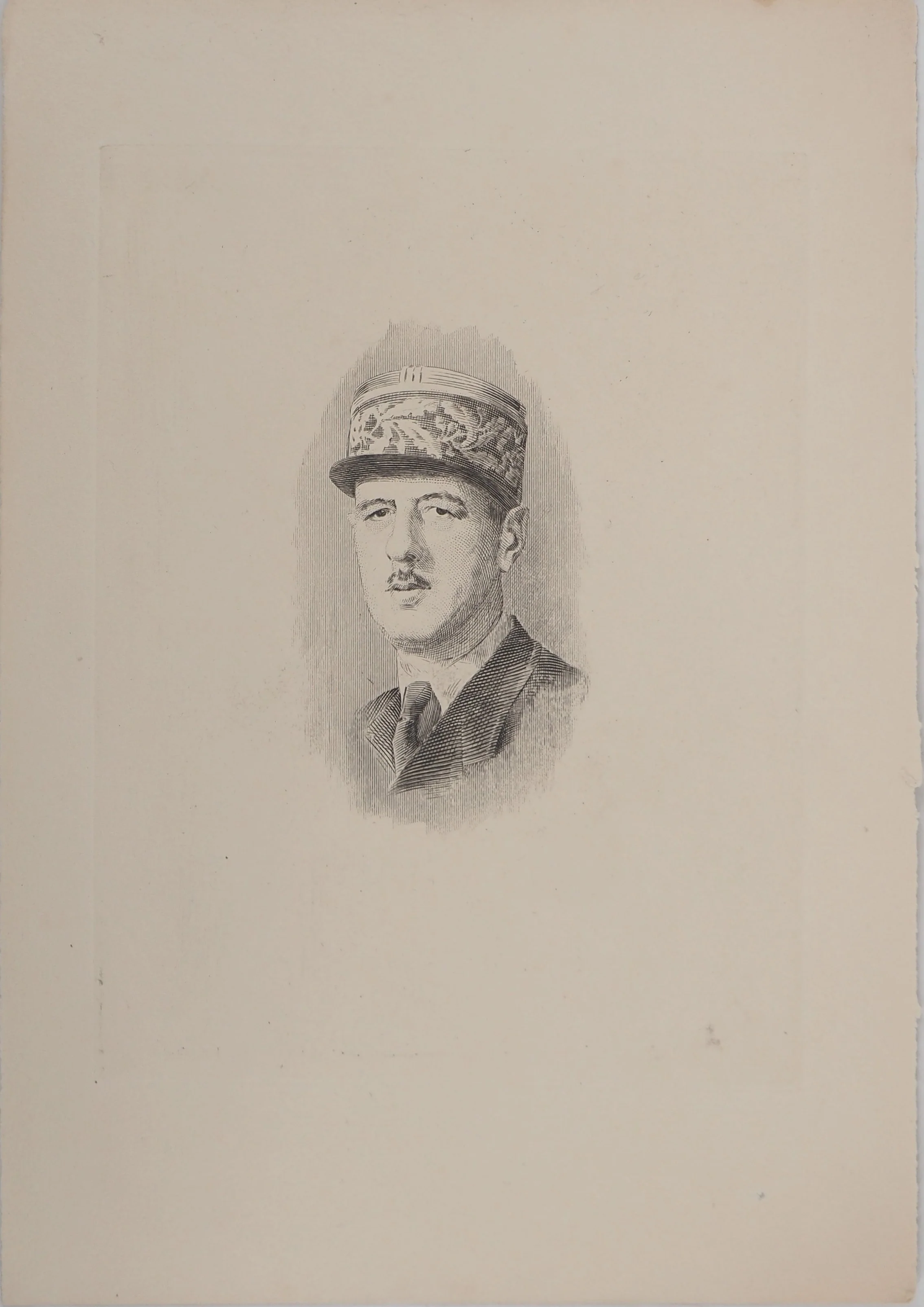ECOLE XXème siècle : Portrait Charles De Gaulle, Gravure originale