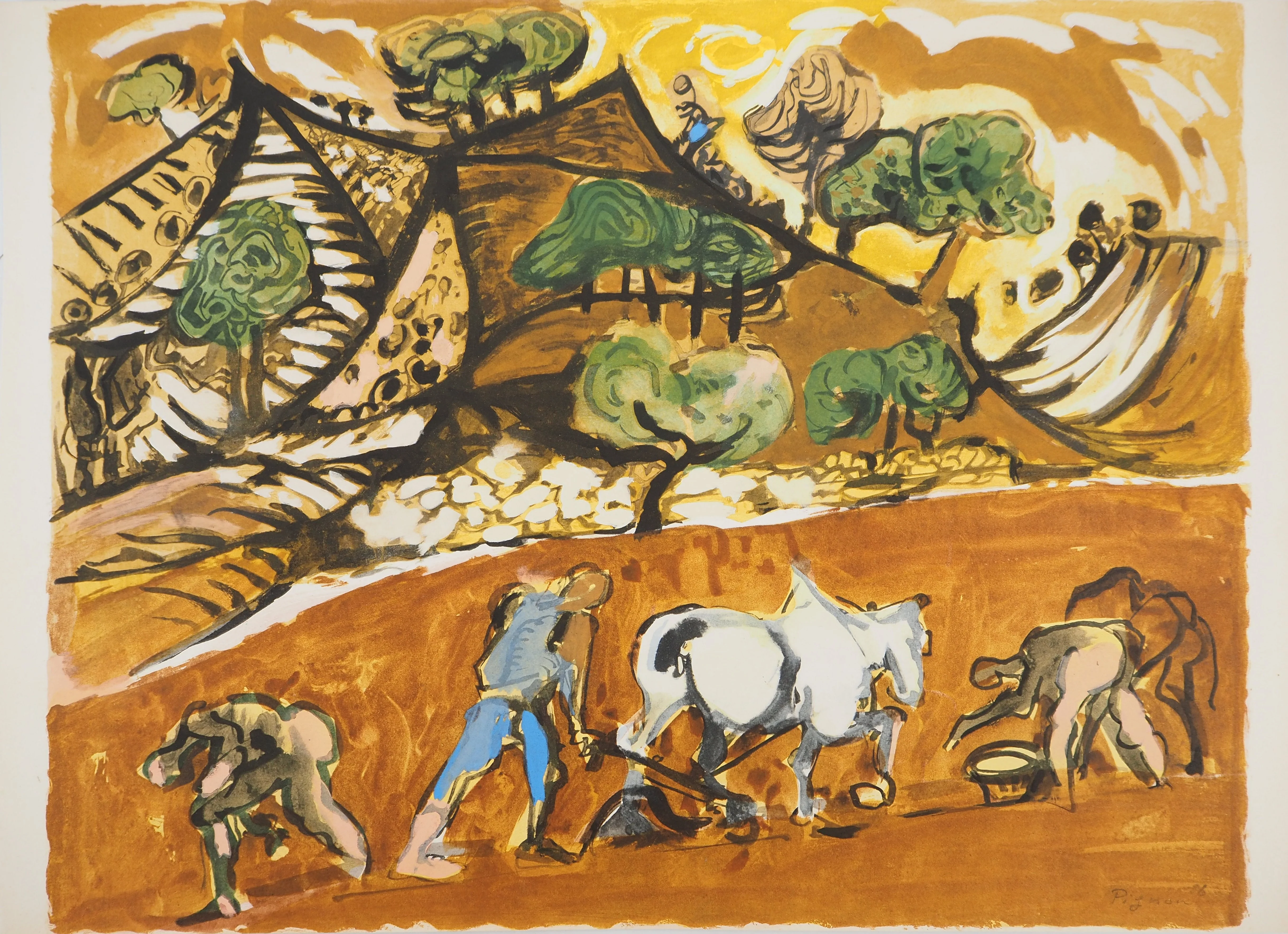 Edouard PIGNON : Le labour à cheval, Lithographie signée
