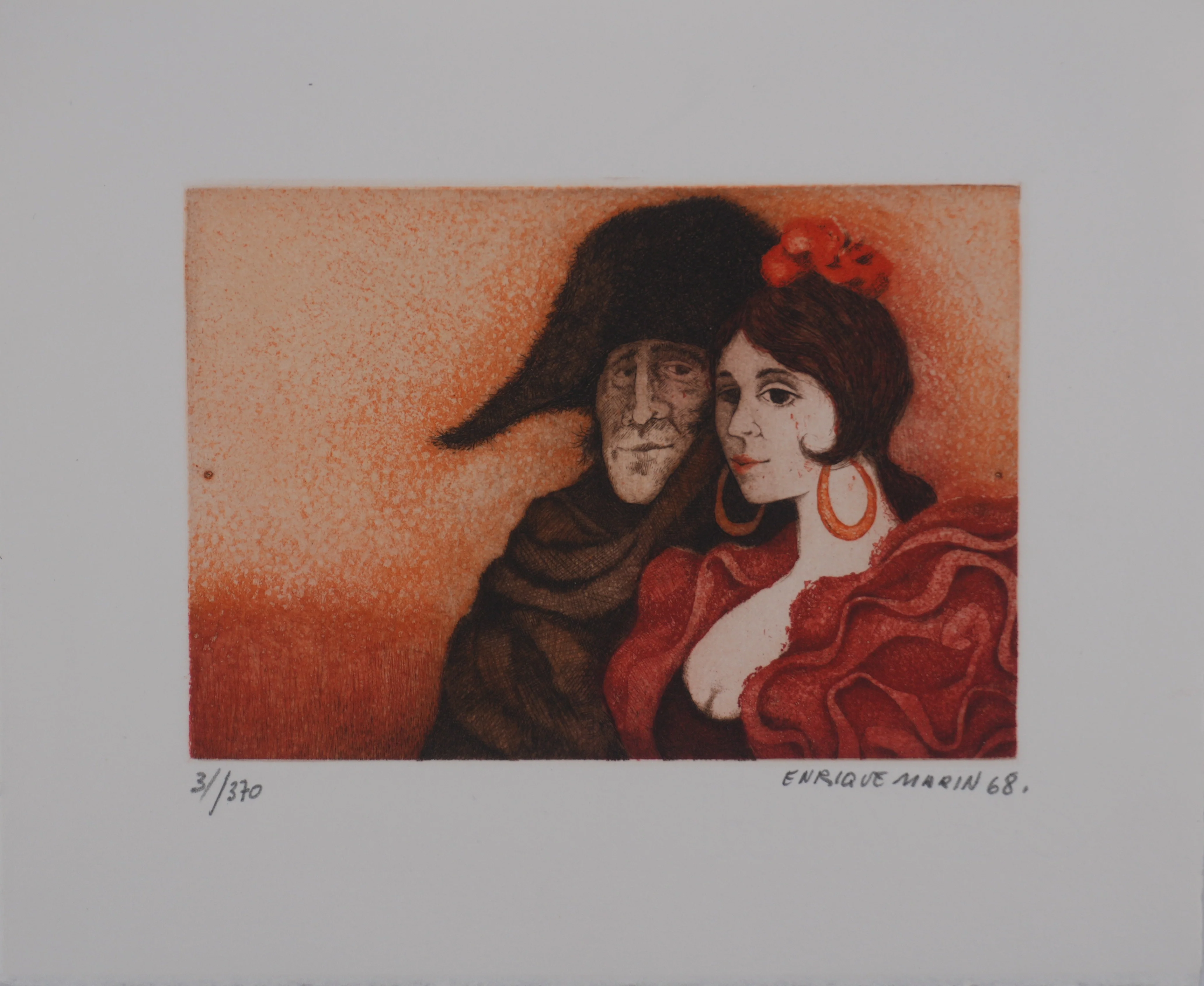 Enrique MARIN MUNOZ : Voyageur et flamenca, Gravure originale signée