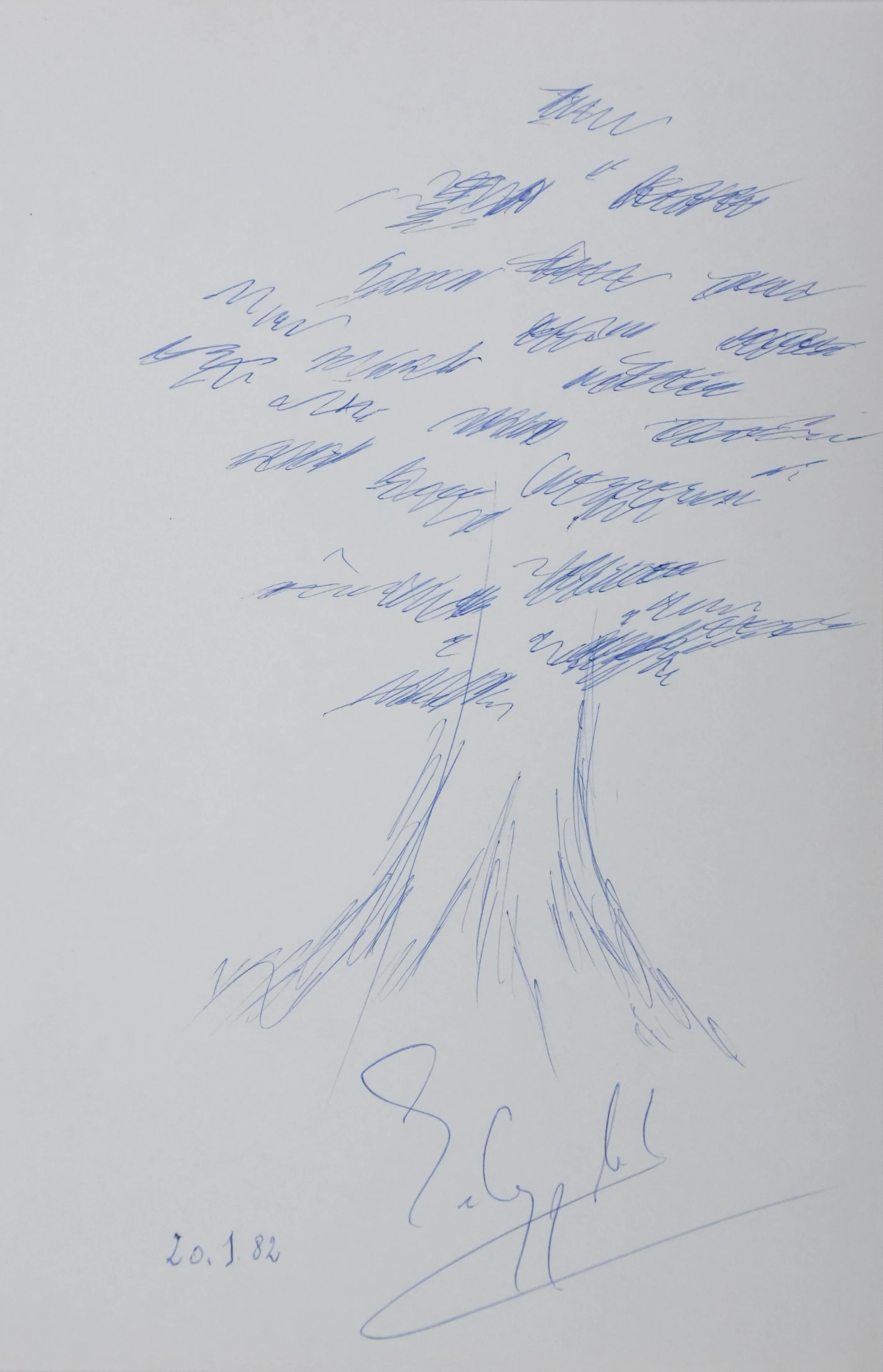 Evelyne DEHER : L'arbre au feuillage nuageux, Autographe et dessin original signé