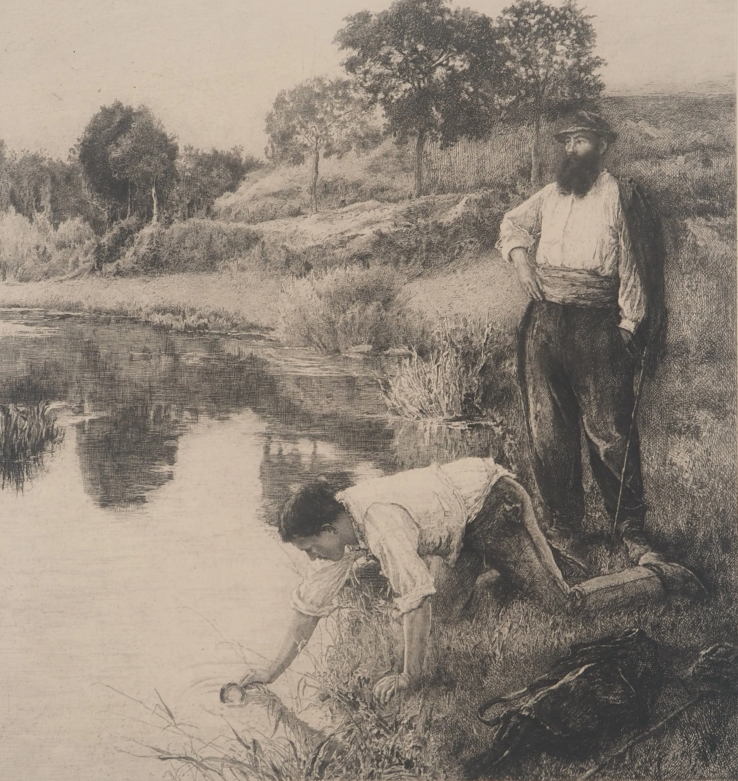 F. BARRE : Hommes s'abreuvant à la rivière, Gravure originale signée - Image 2
