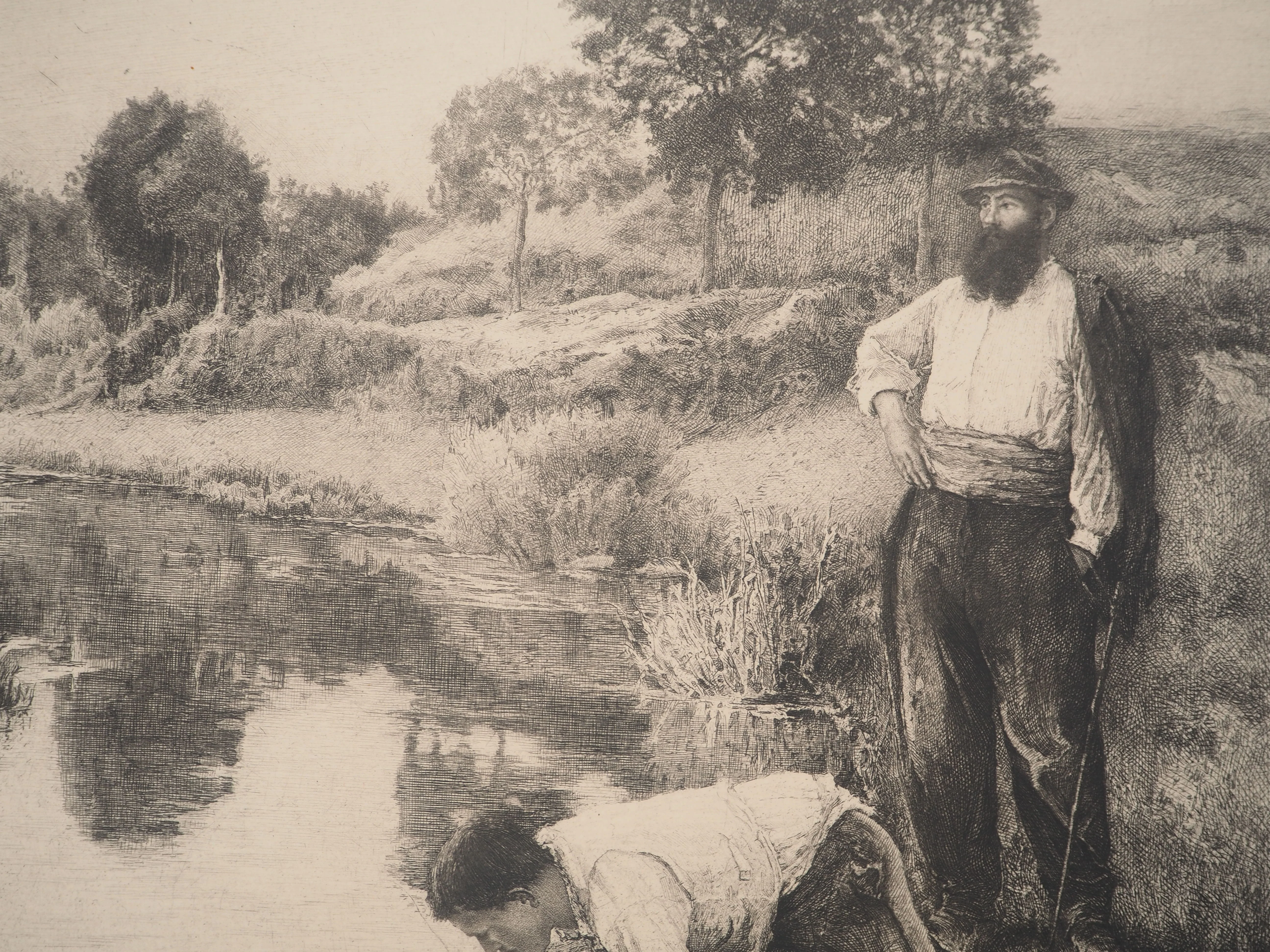 F. BARRE : Hommes s'abreuvant à la rivière, Gravure originale signée - Image 3