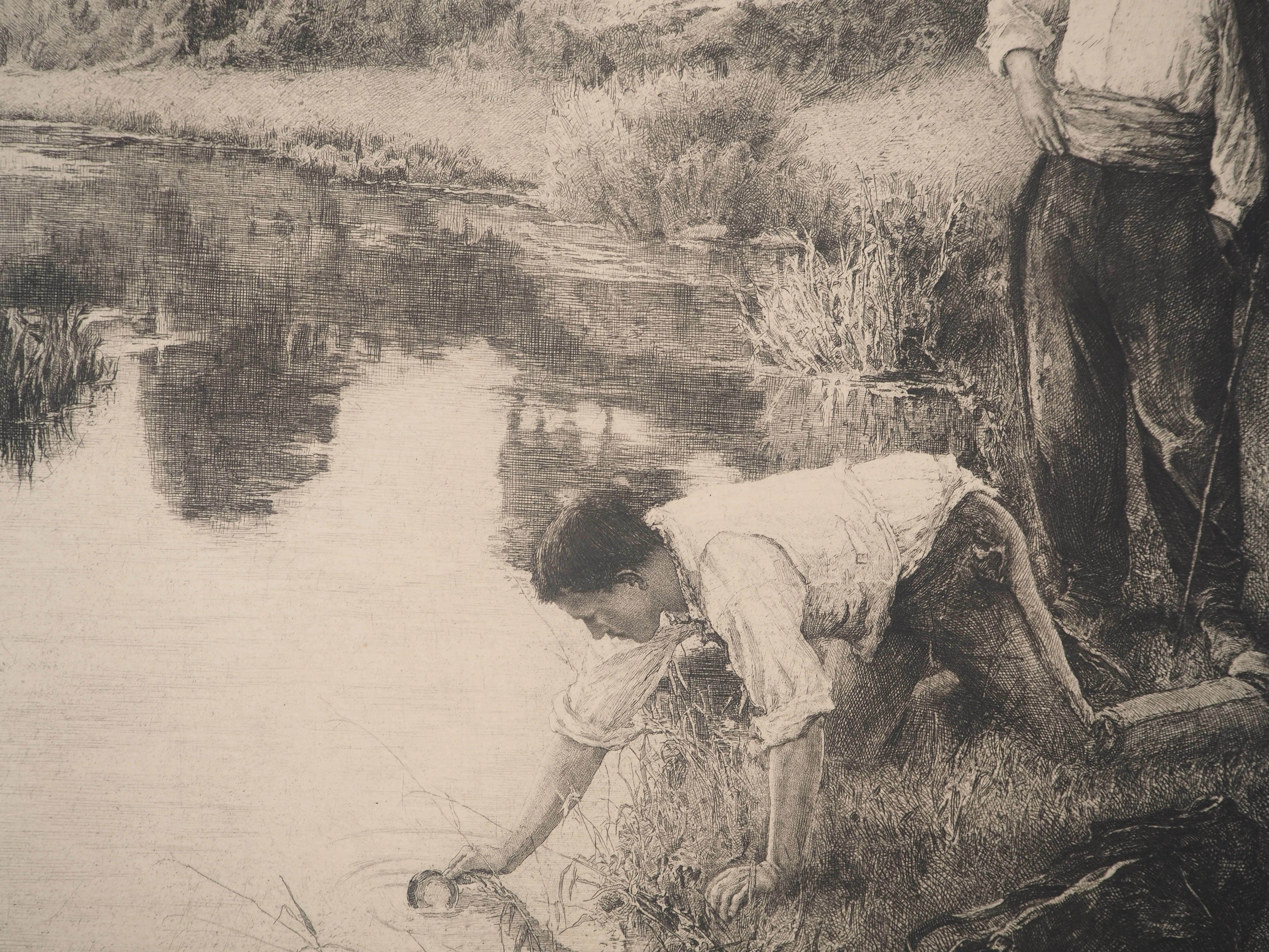 F. BARRE : Hommes s'abreuvant à la rivière, Gravure originale signée - Image 4