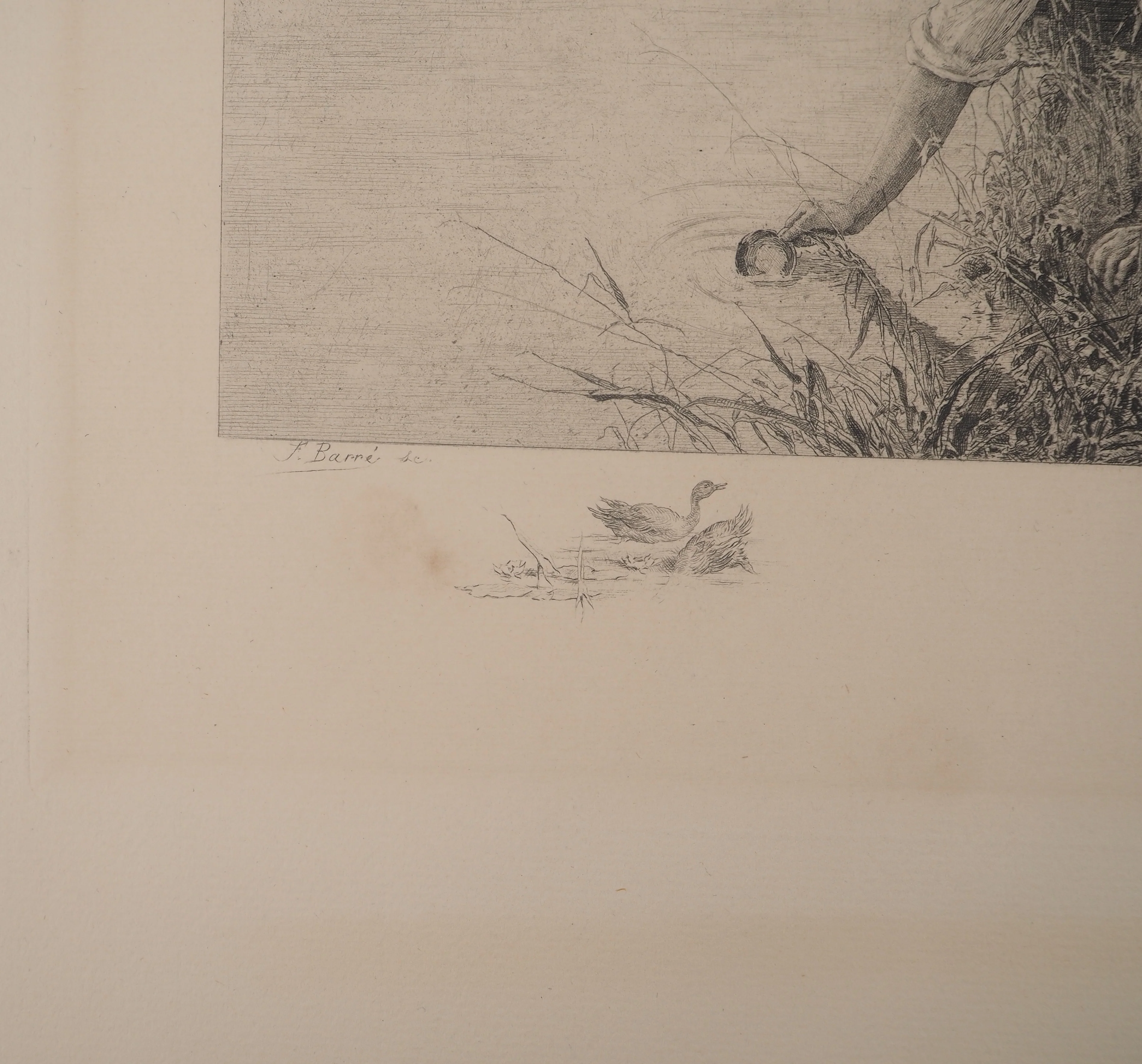F. BARRE : Hommes s'abreuvant à la rivière, Gravure originale signée - Image 6