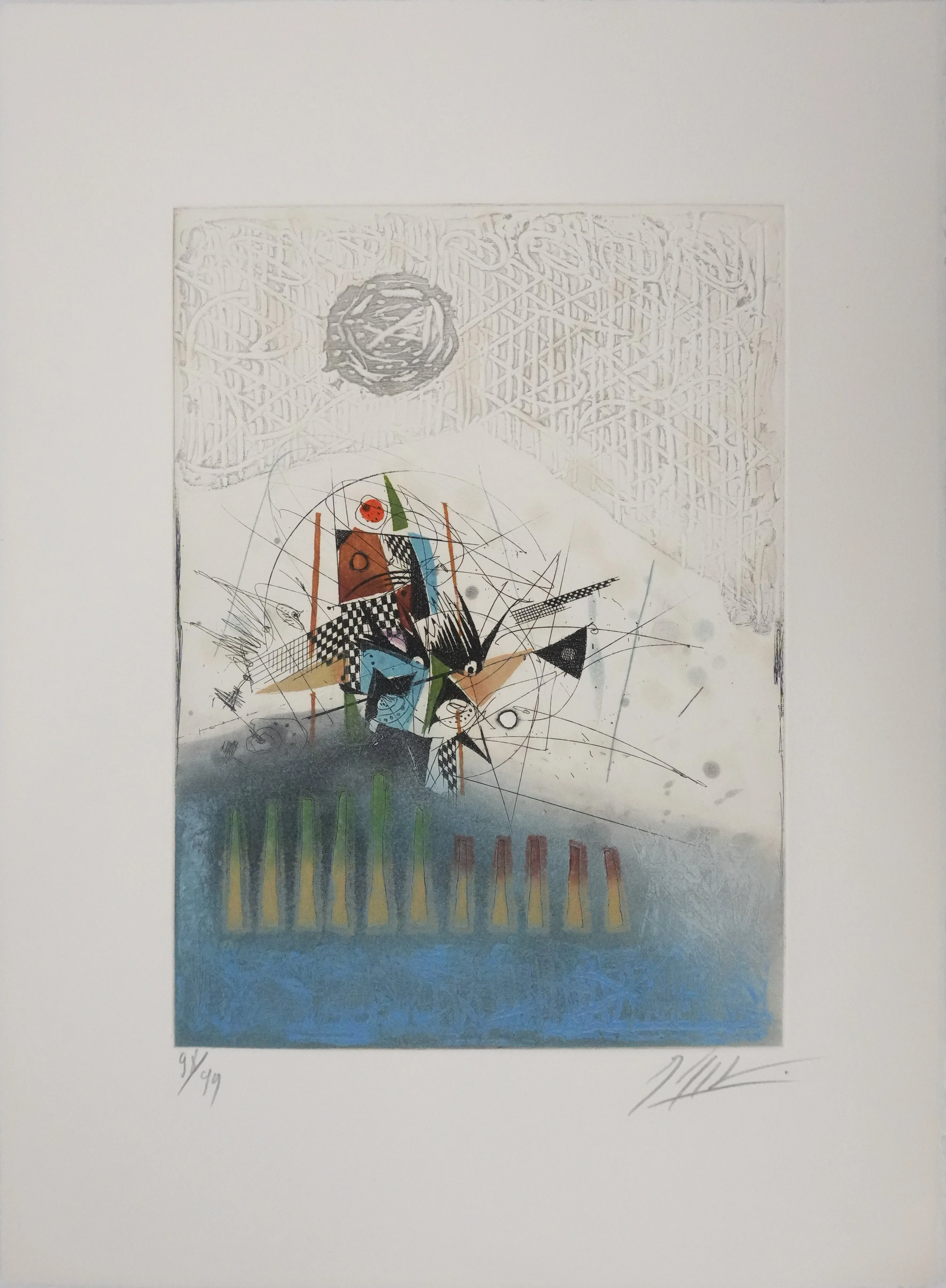 Georges DUSSAU : Composition au cercle gris, Gravure originale signée