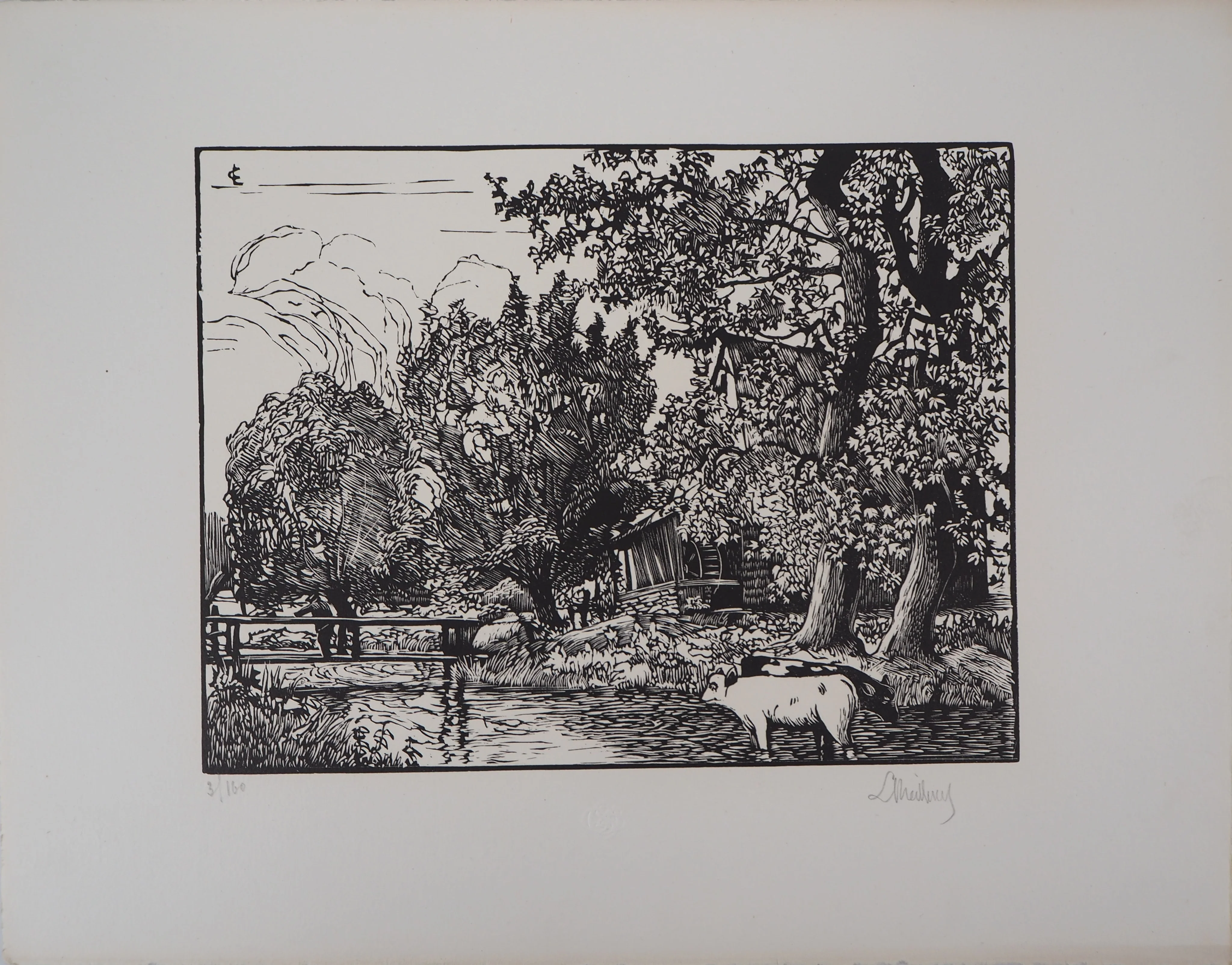 Georges LE MEILLEUR : Le moulin de la Fontelaye, Gravure sur bois originale signée - Image 3