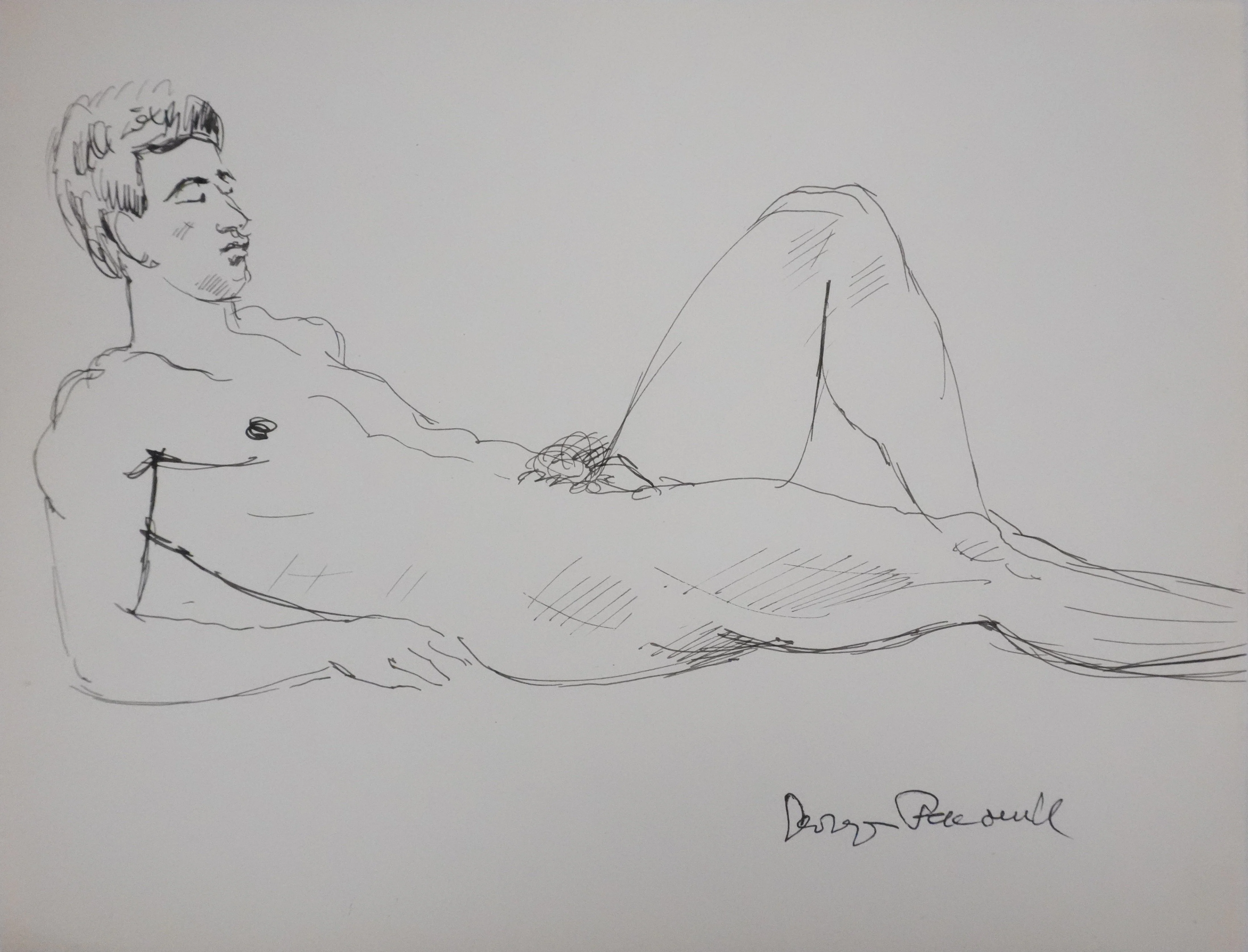 Georges PACOUIL : Homme nu allongé, Dessin original signé