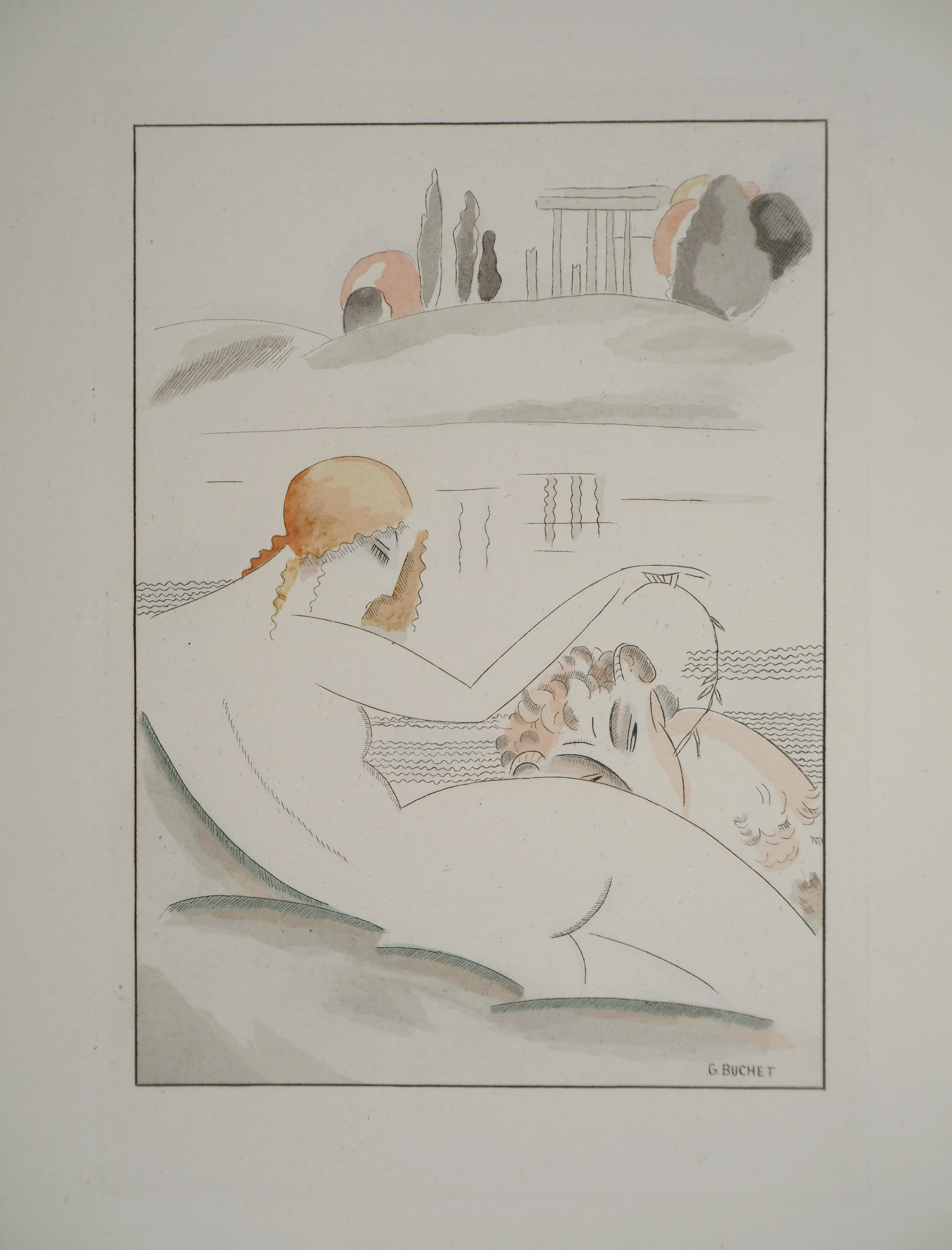 Gustave BUCHET : Les baigneuses antiques, Gravure originale et pochoir signée