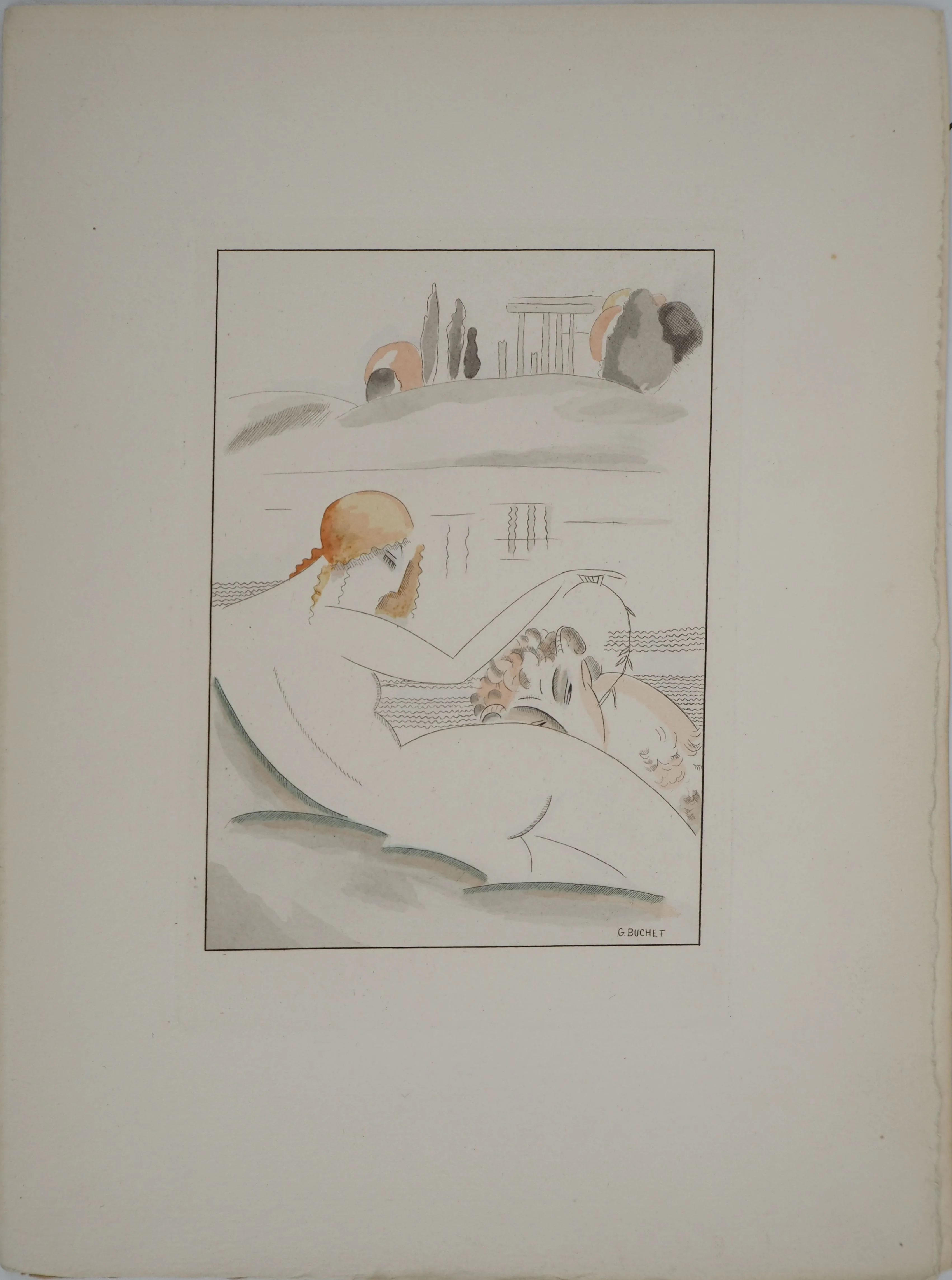 Gustave BUCHET : Les baigneuses antiques, Gravure originale et pochoir signée - Image 3