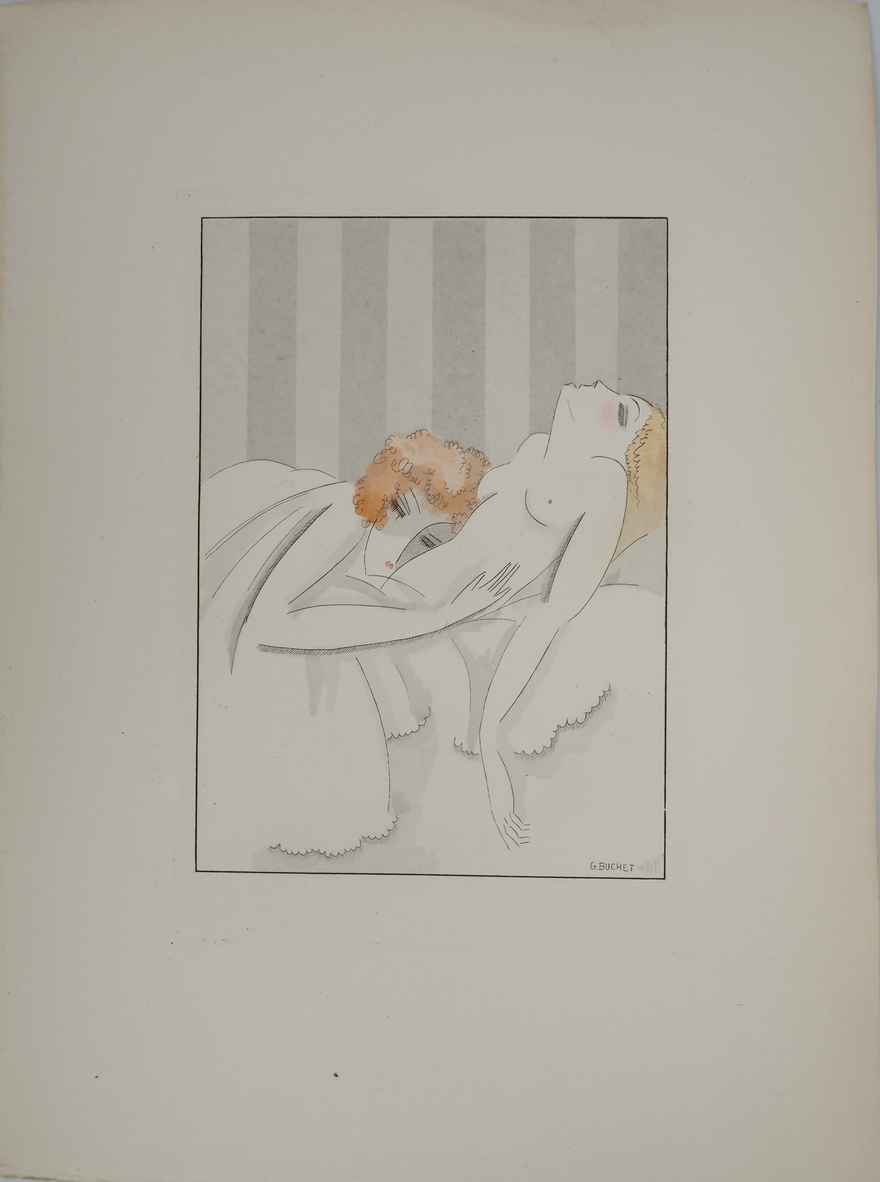 Gustave BUCHET : Les pensionnaires, Gravure originale et pochoir signée - Image 3