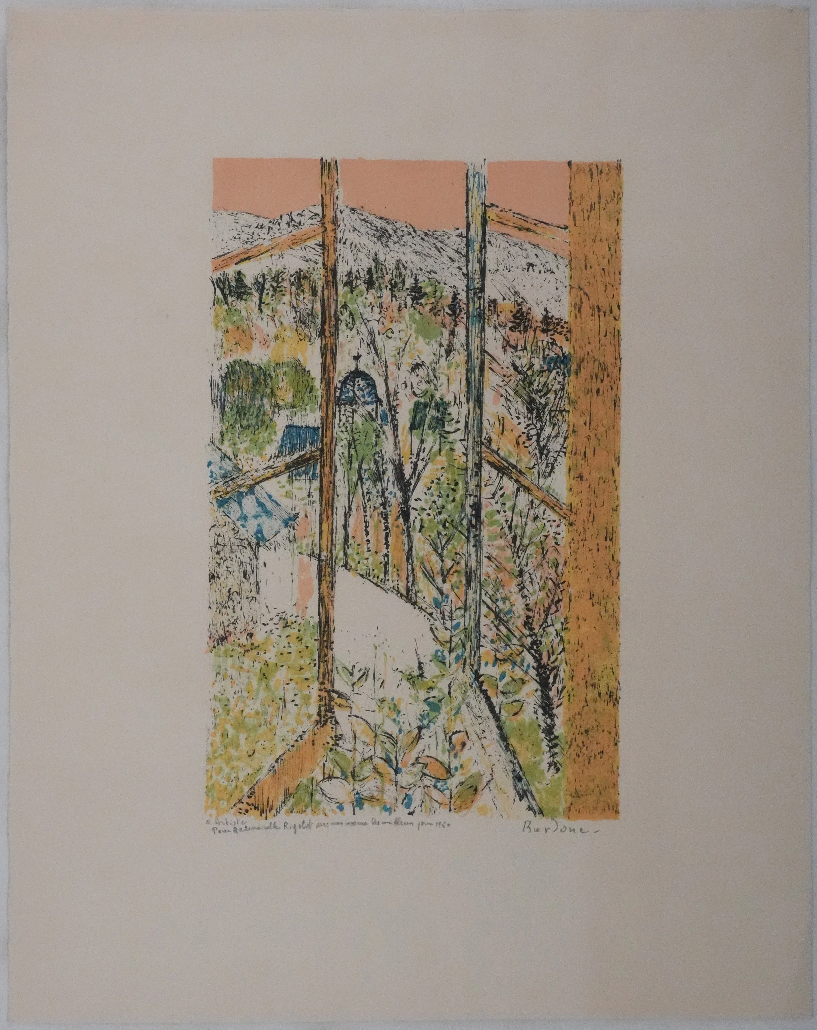 Guy BARDONE : Fenêtre ouverte sur le jardin, Lithographie originale signée