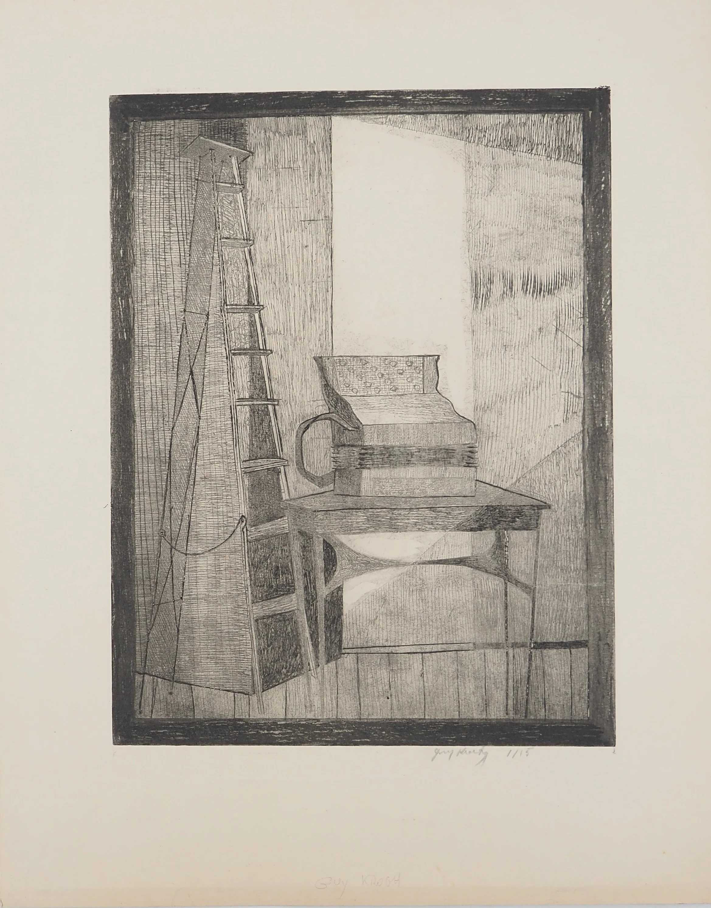 Guy KROHG : Intérieur à l'échelle, Gravure originale signée