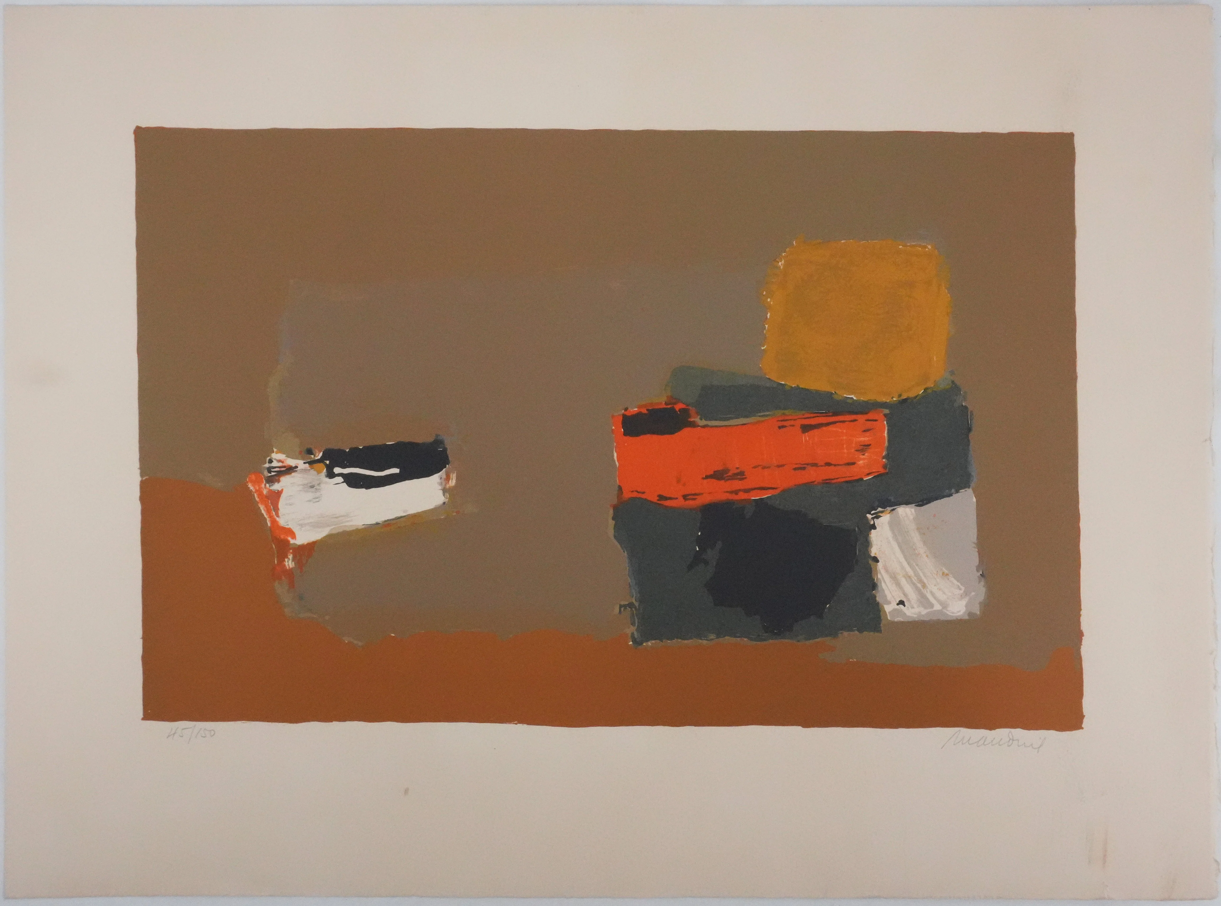 Henri MAUDUIT : Composition sur fond ocre, Lithographie originale signée