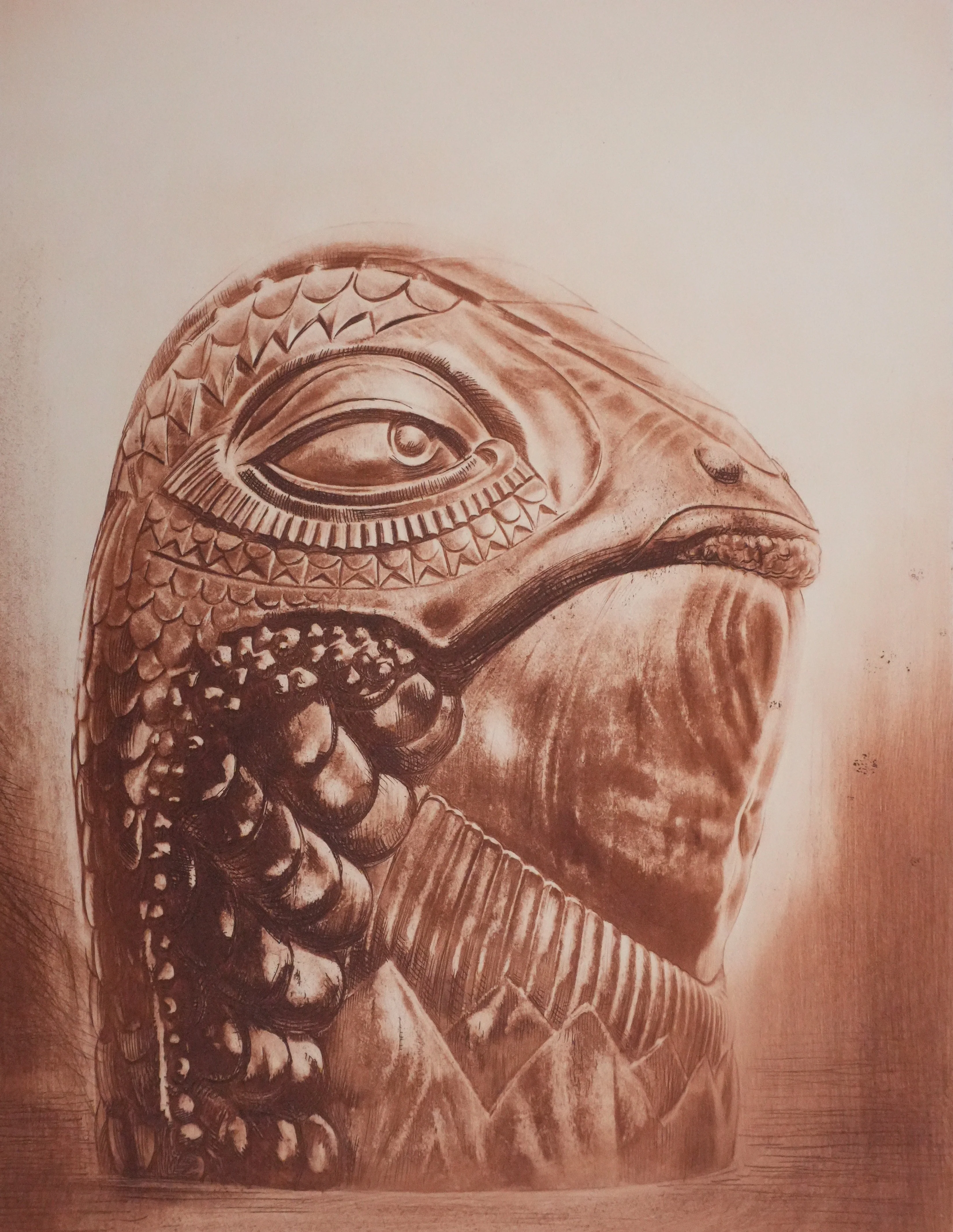 Henry CLEWS : Tête préhistorique (sépia), Gravure - Image 2