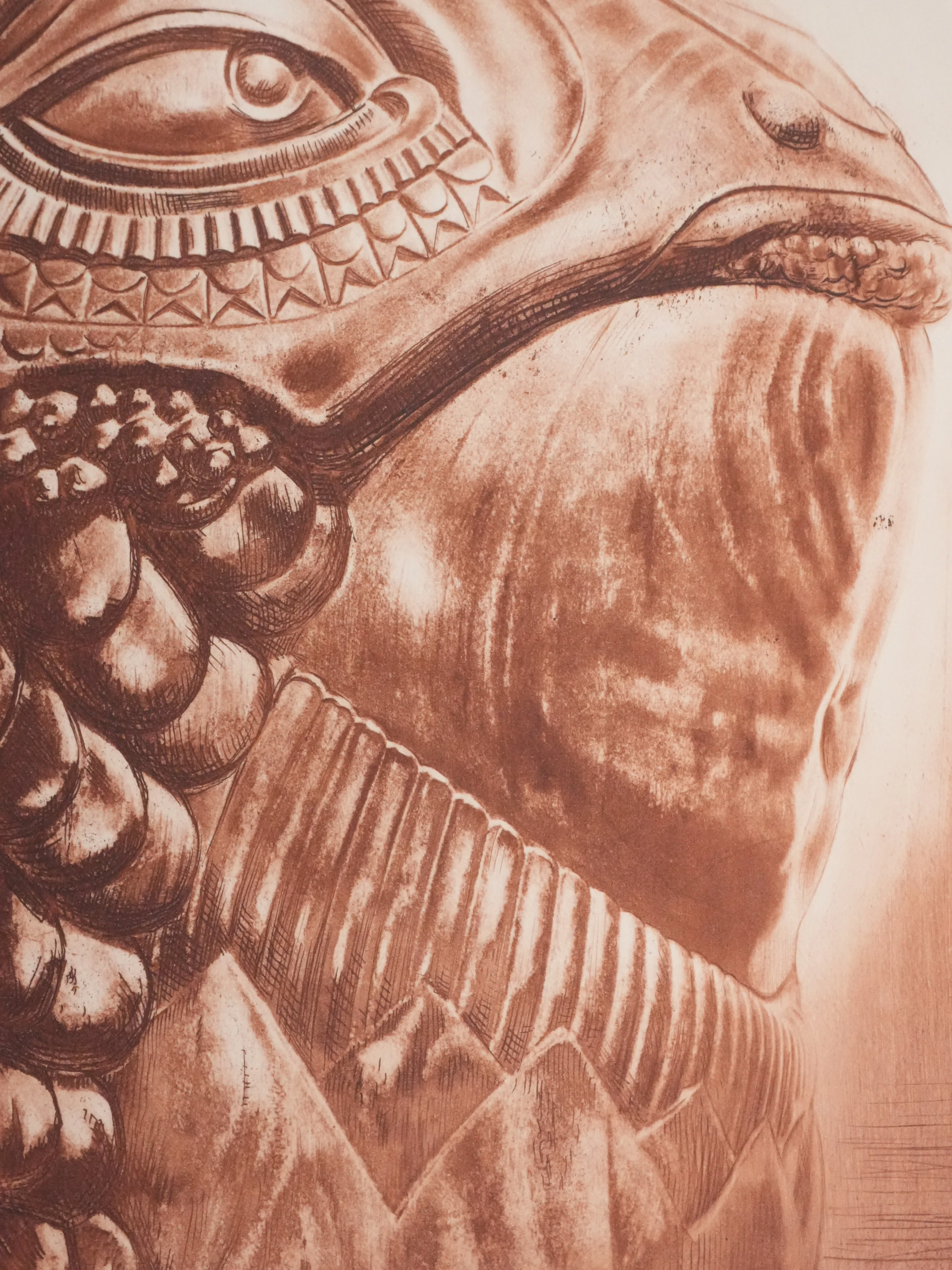 Henry CLEWS : Tête préhistorique (sépia), Gravure - Image 4