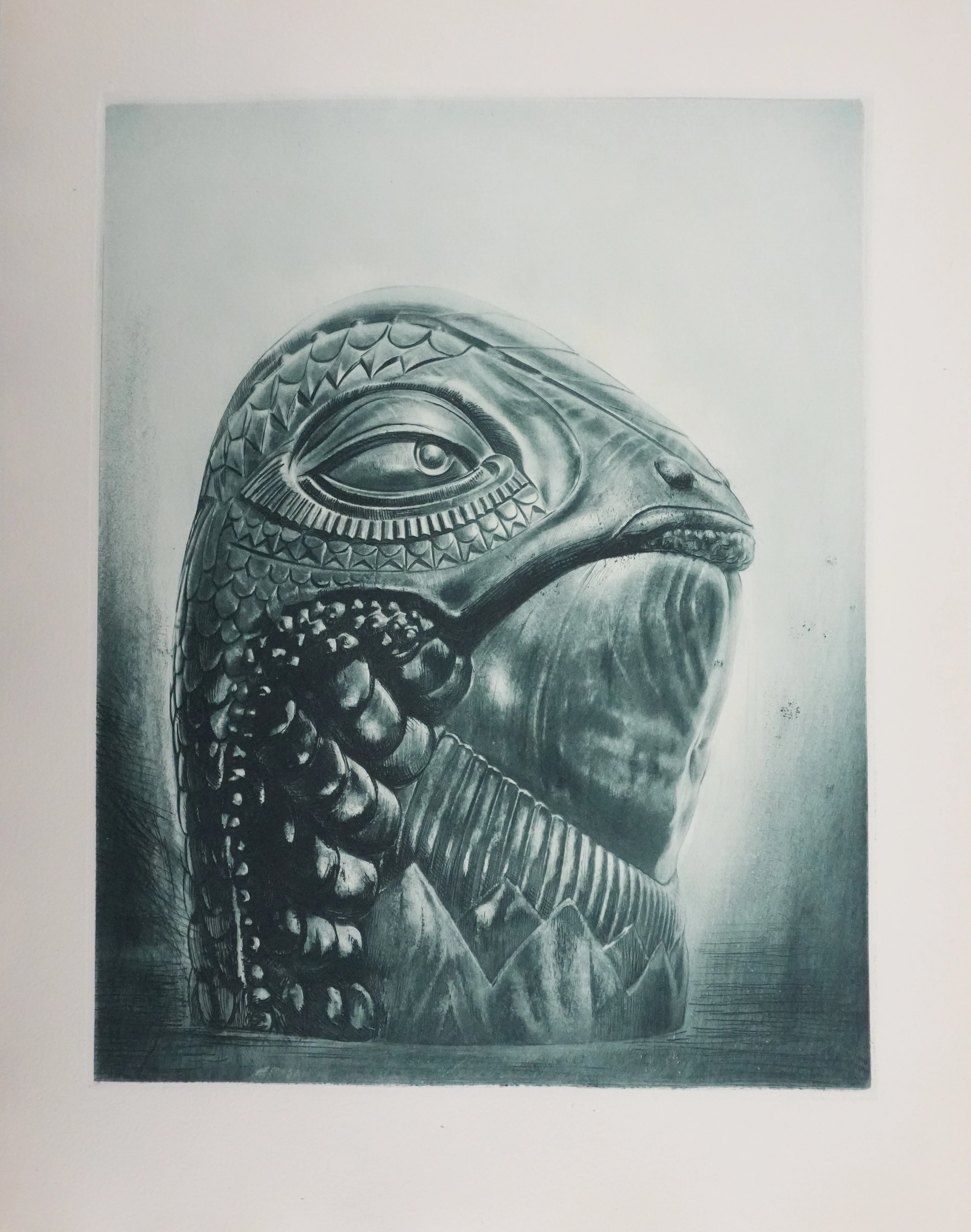 Henry CLEWS : Tête préhistorique (vert bronze), Gravure