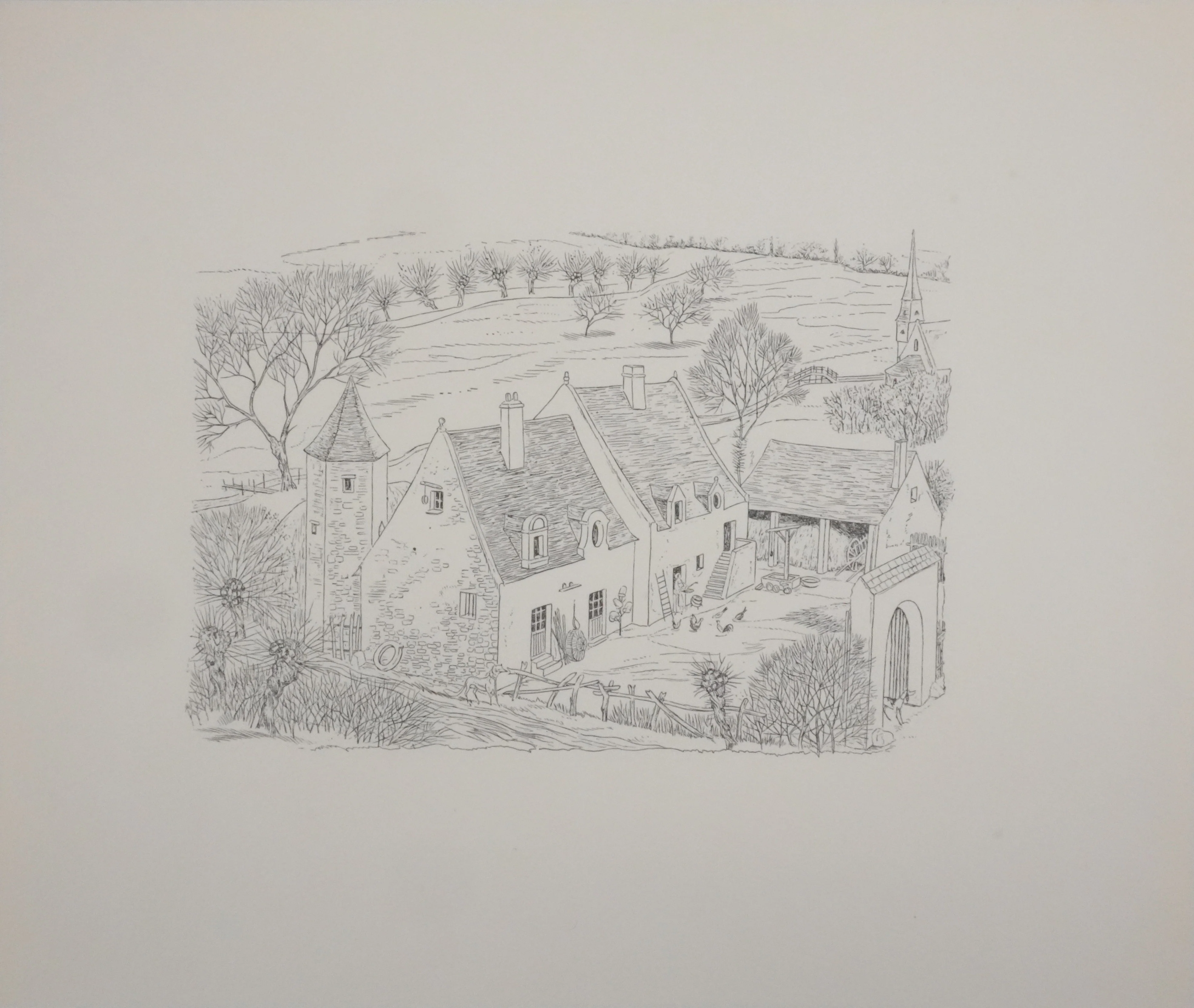 Henry LEMARIE : Le fermier, le chien et le renard (noir et blanc), Gravure sur bois originale