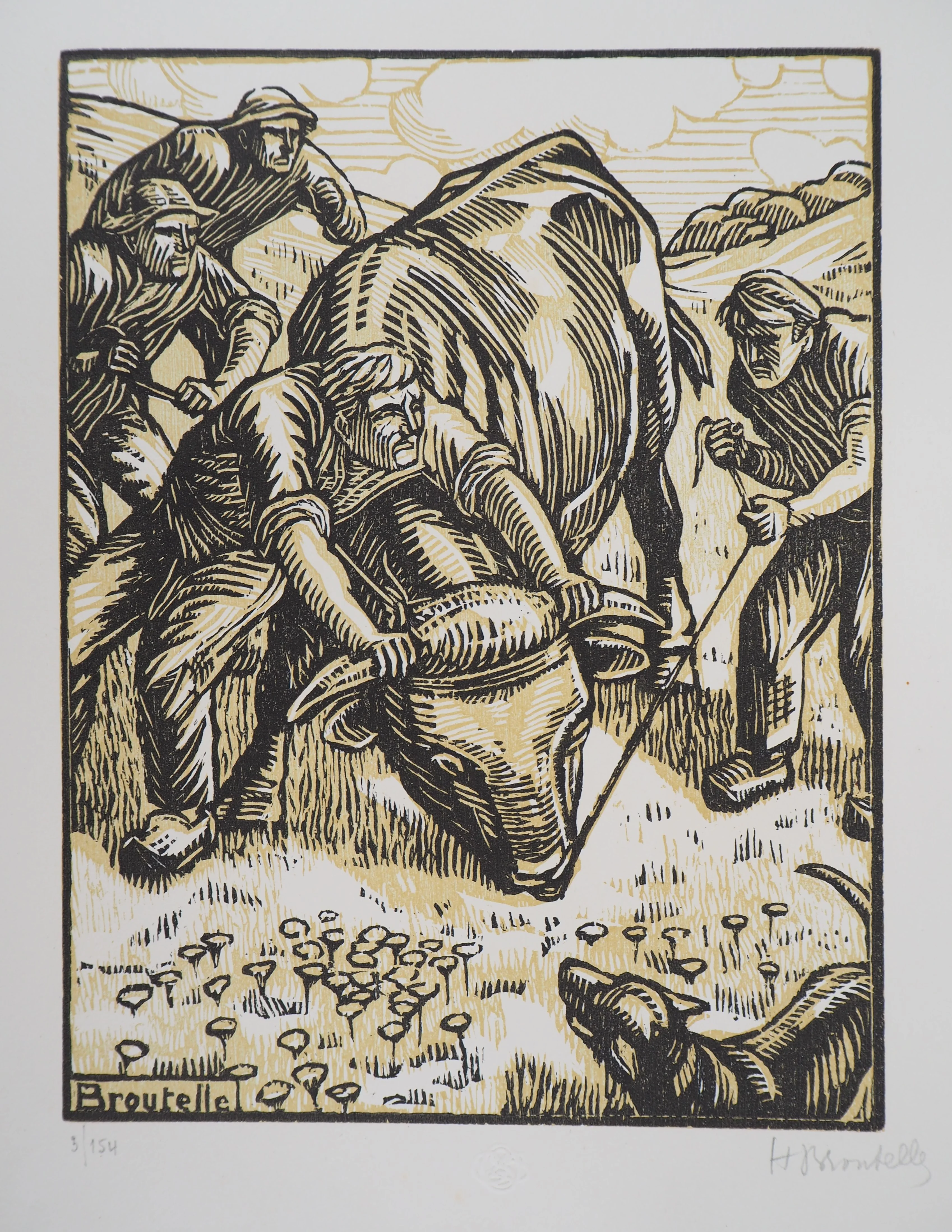 Honoré BROUTELLE : La Force du Boeuf, Gravure sur bois originale signée
