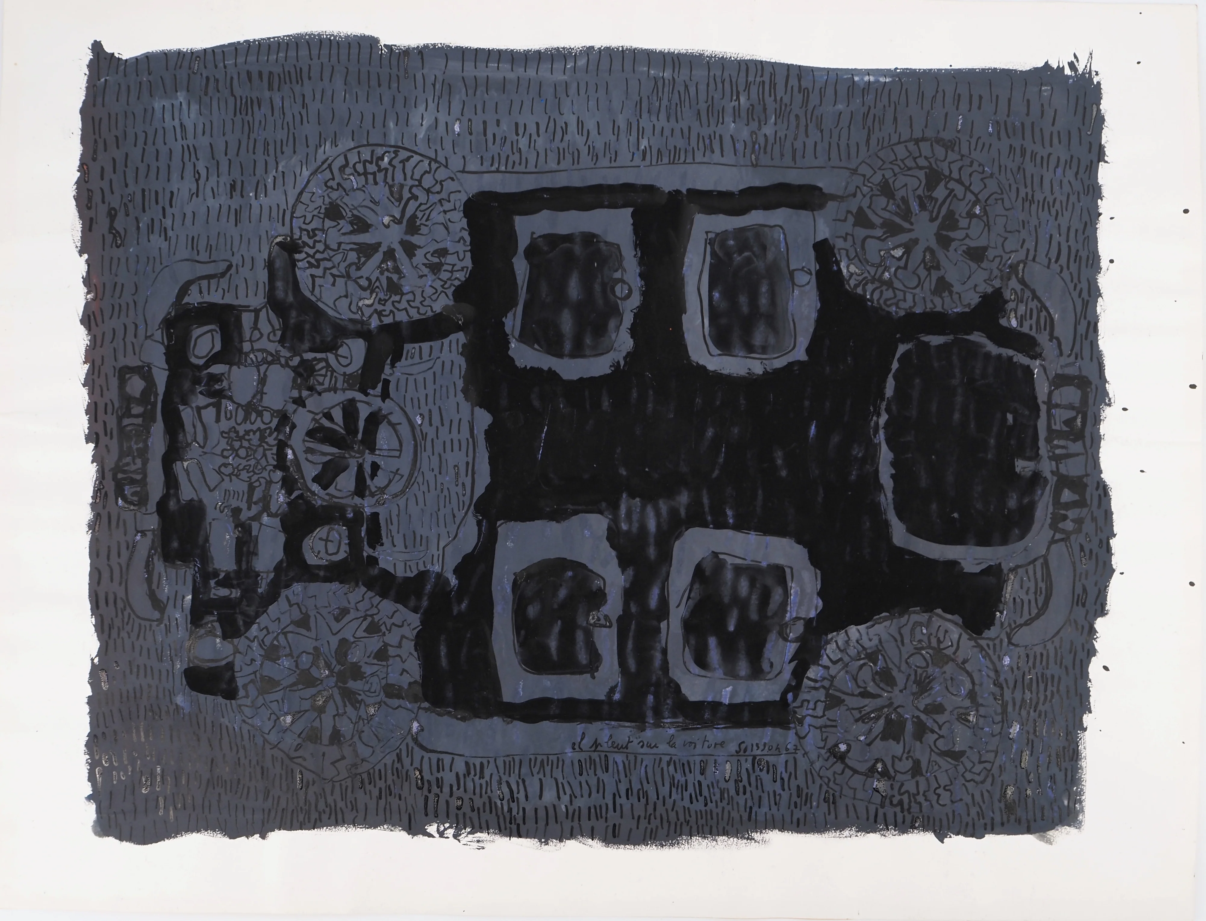 Jacques SOISSON : Voiture sous un orage, Gouache et acrylique sur papier signée