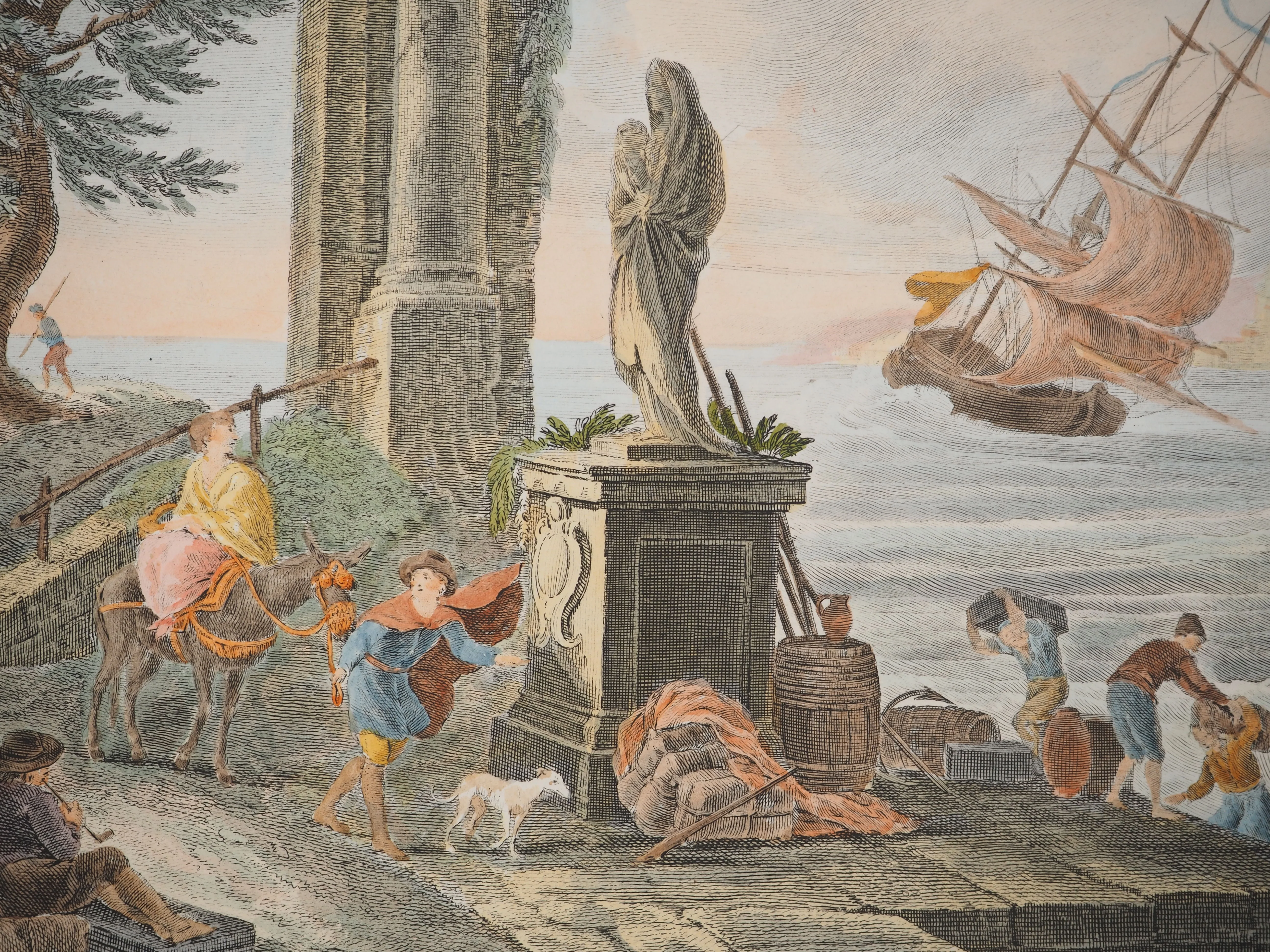 Jean-Baptiste LALLEMAND : L'entrée d'une ville maritime, Gravure et aquarelle - Image 3