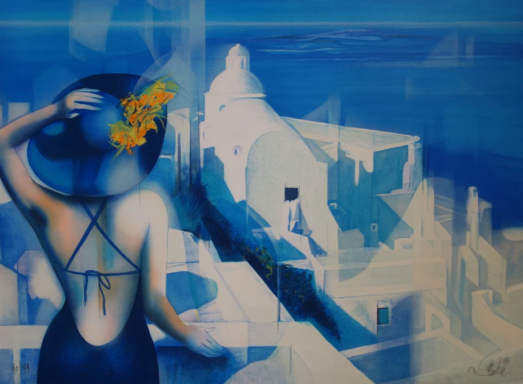 Jean-Baptiste VALADIE : Lumière blanche sur Santorin, Lithographie originale signée