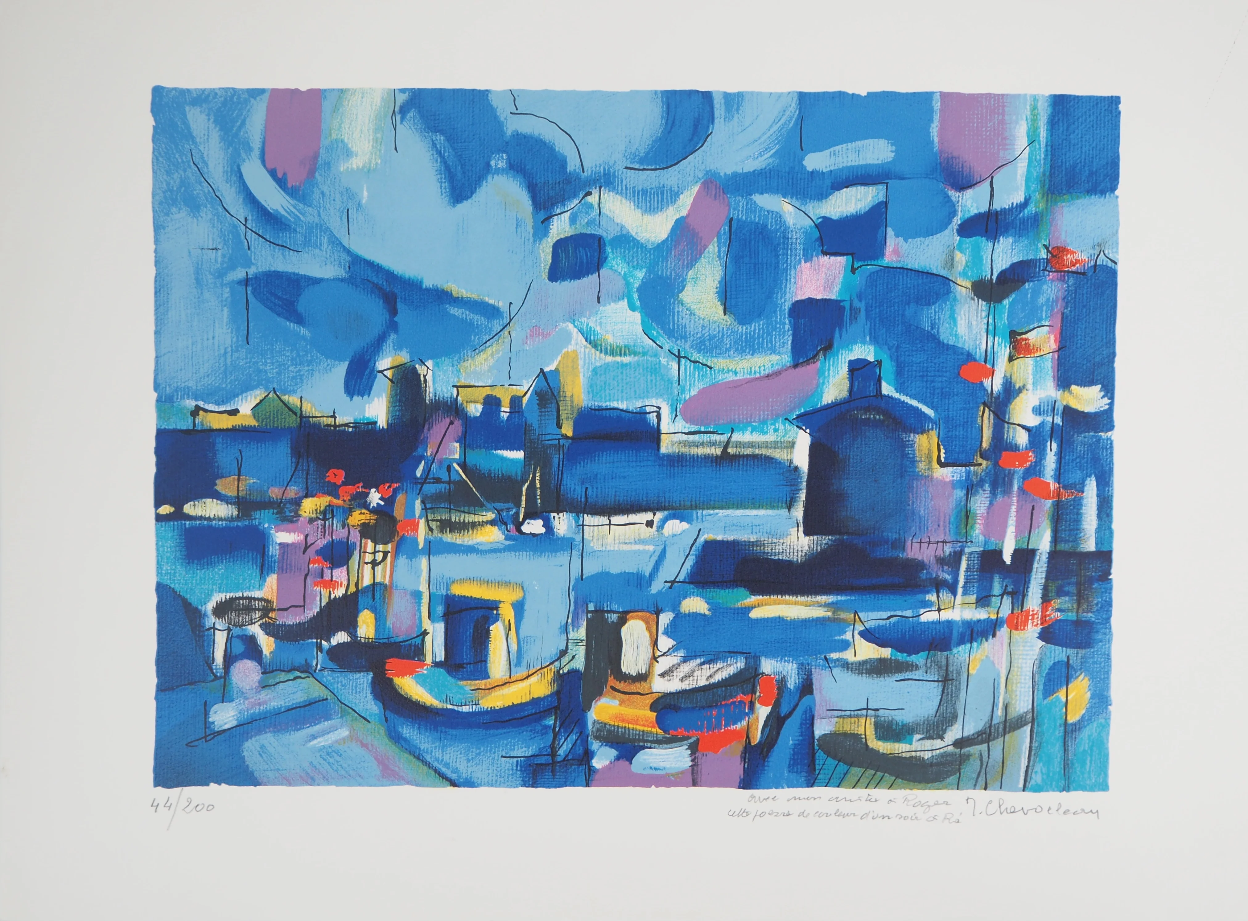 Jean CHEVOLLEAU : Île-de-Ré : bord de quai au port, Lithographie originale signée