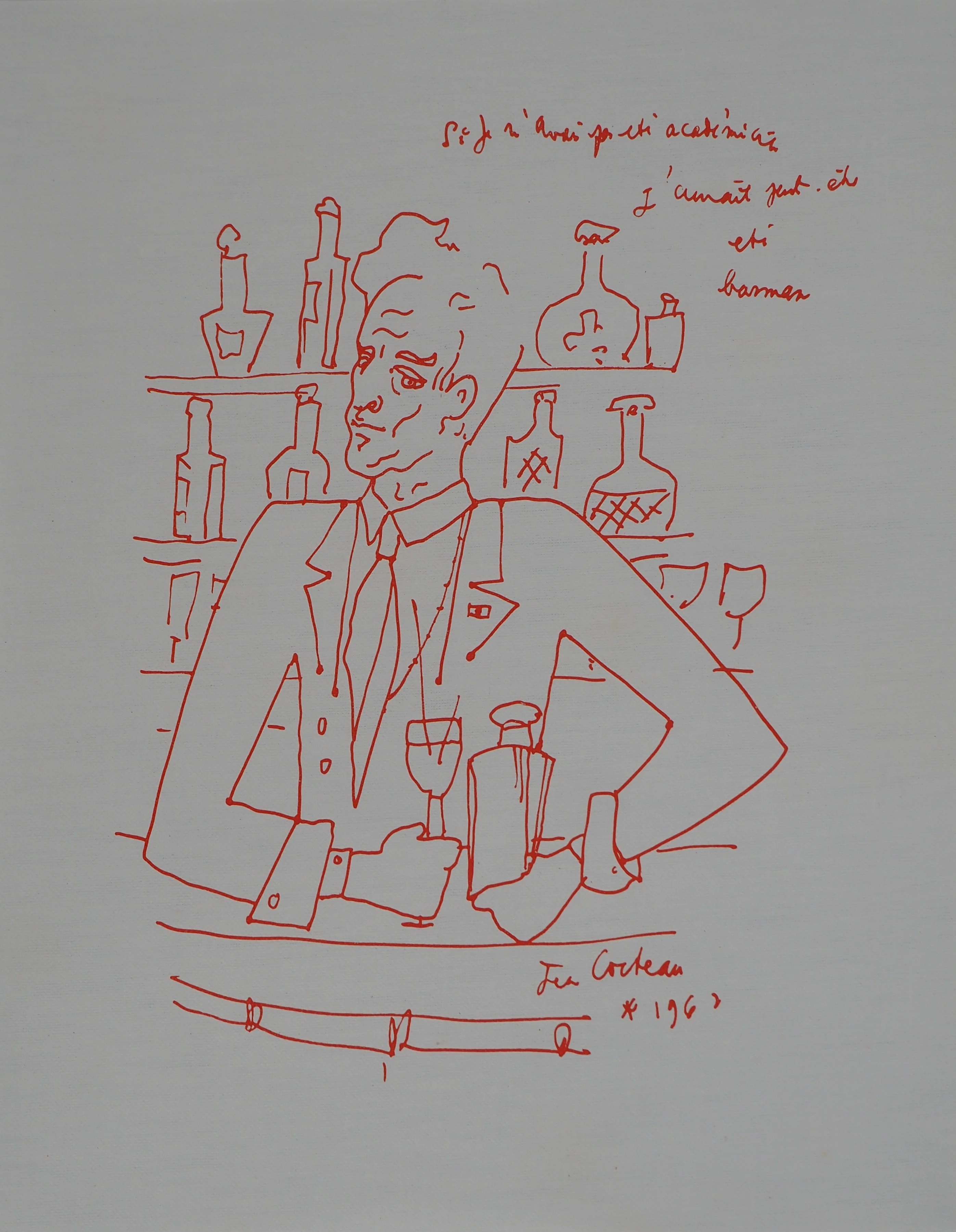 Jean COCTEAU : Autoportrait en barman, Lithographie originale signée