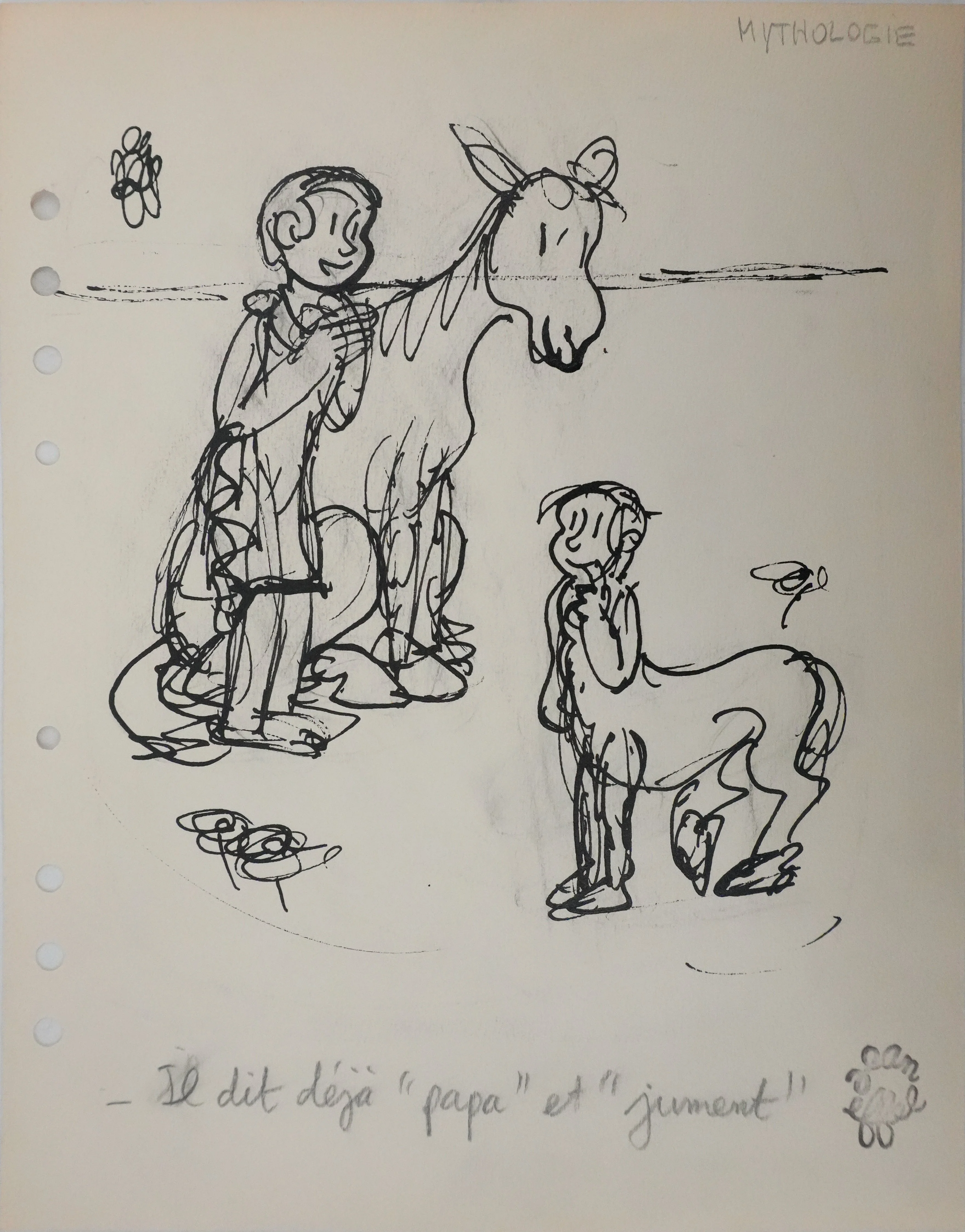 Jean EFFEL : Il dit déjà papa et jument, Dessin original signé