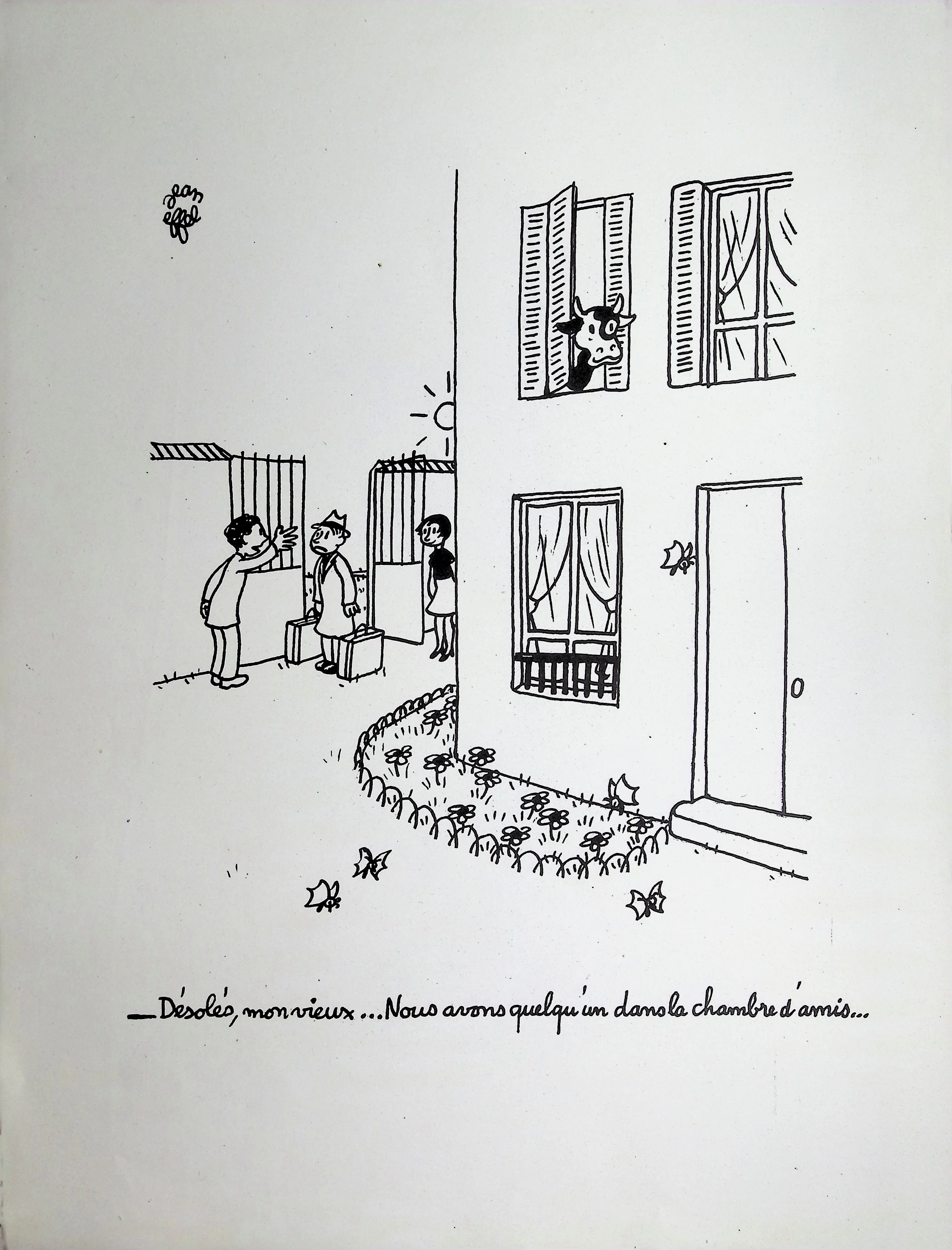 Jean EFFEL : La chambre d'amis, Lithographie humoristique signée