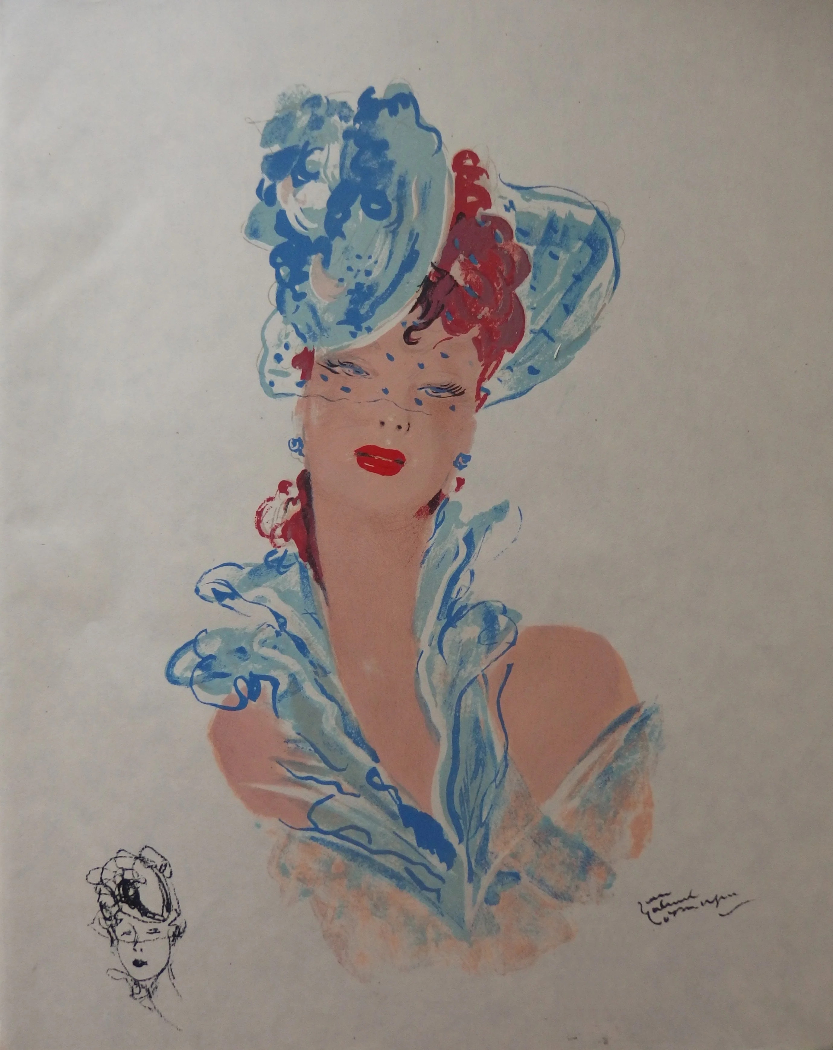 Jean-Gabriel DOMERGUE : La parisienne au bibi bleu (2ème état), Lithographie originale signée